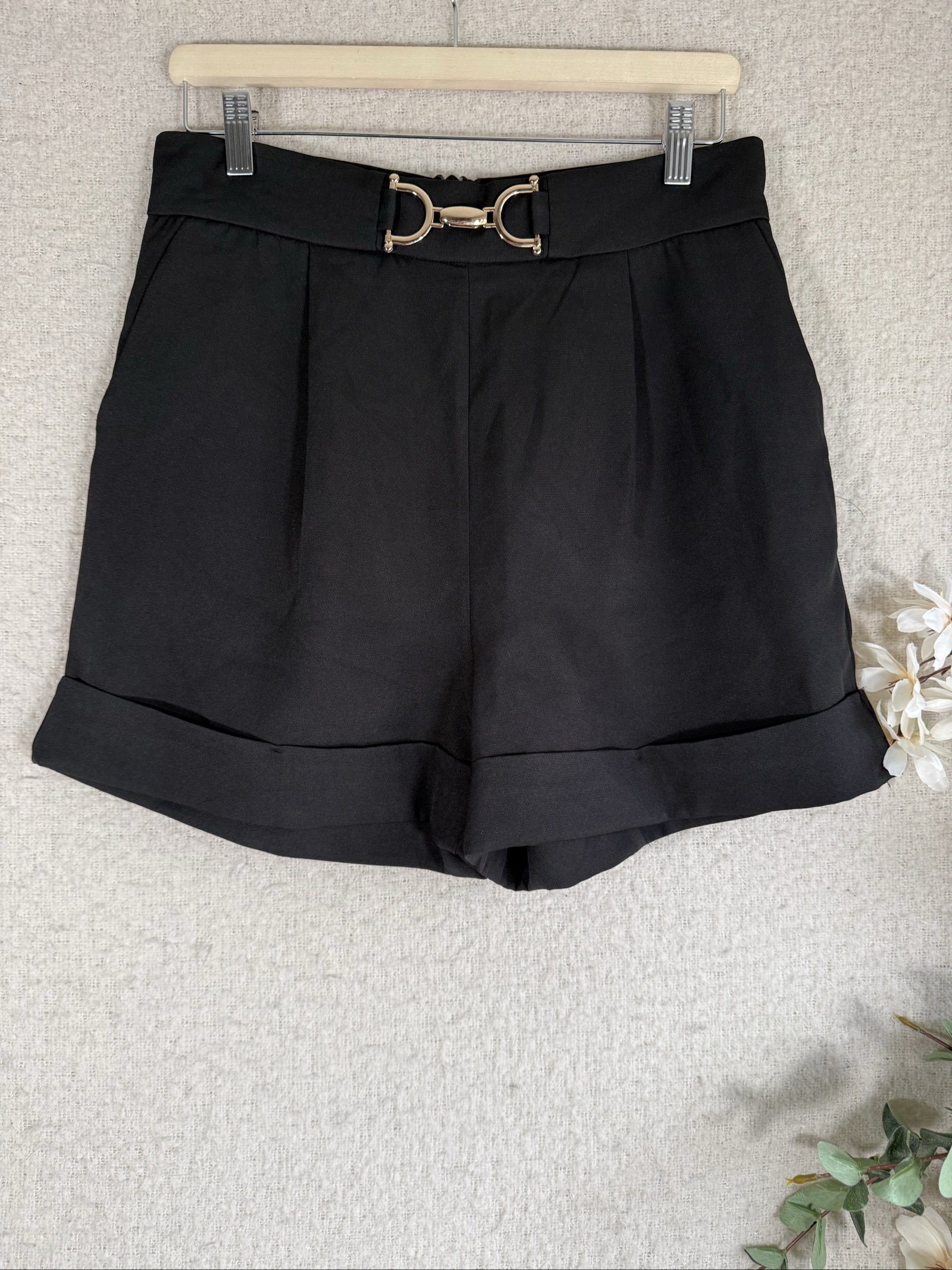 Cameo Rose Black High Waist Dressy Shorts UK 12 with Gold Buckle Detail