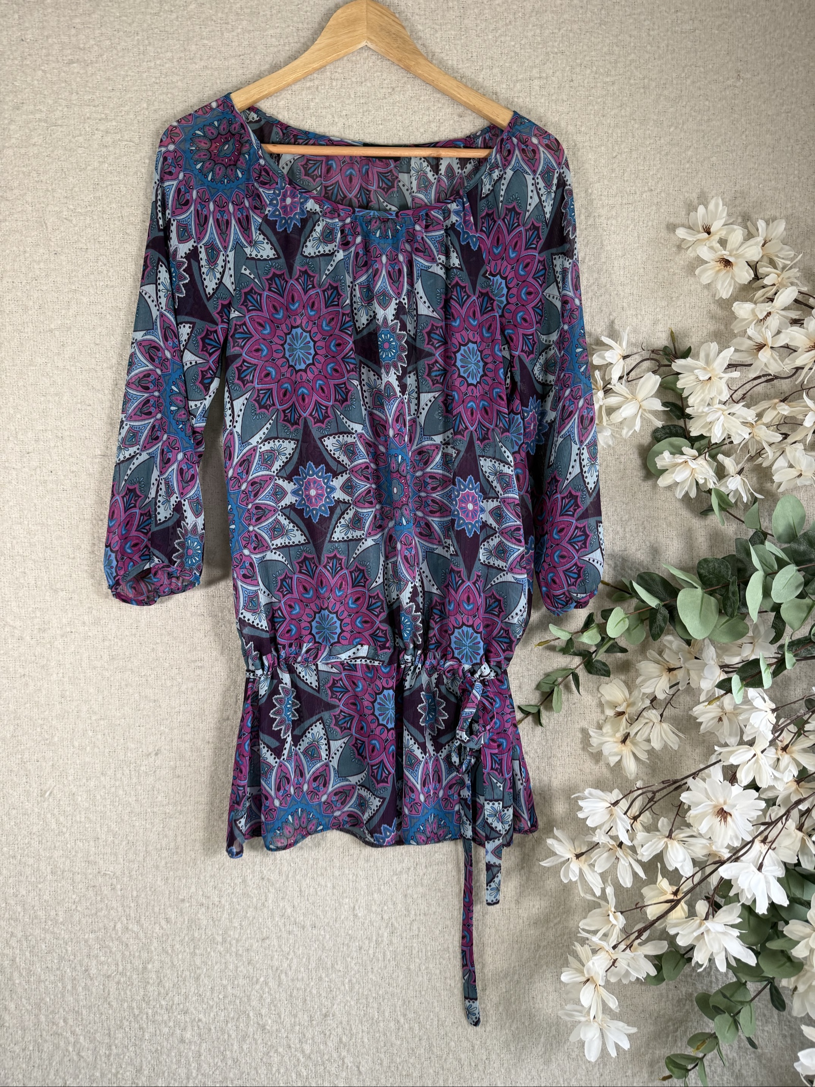 F&F Floral Boho Style Sheer Blouse UK 12 Tie Waist Casual Tunic Top Purple Blue