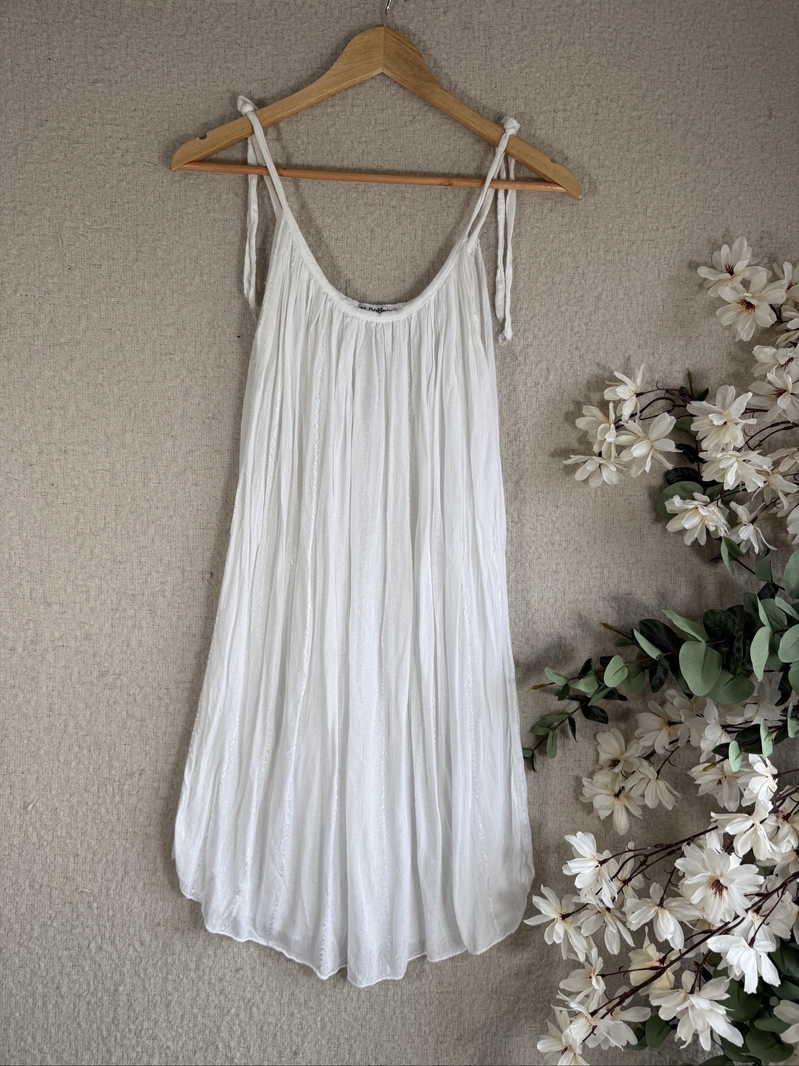 Patiska White Summer Dress Lightweight Cotton Tie-Strap UK One Size