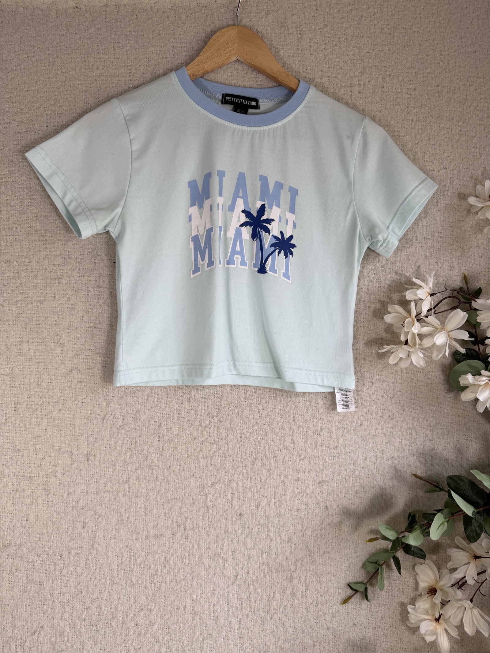PrettyLittleThing Light Blue Miami Print Crop T-Shirt UK 12 Casual Summer