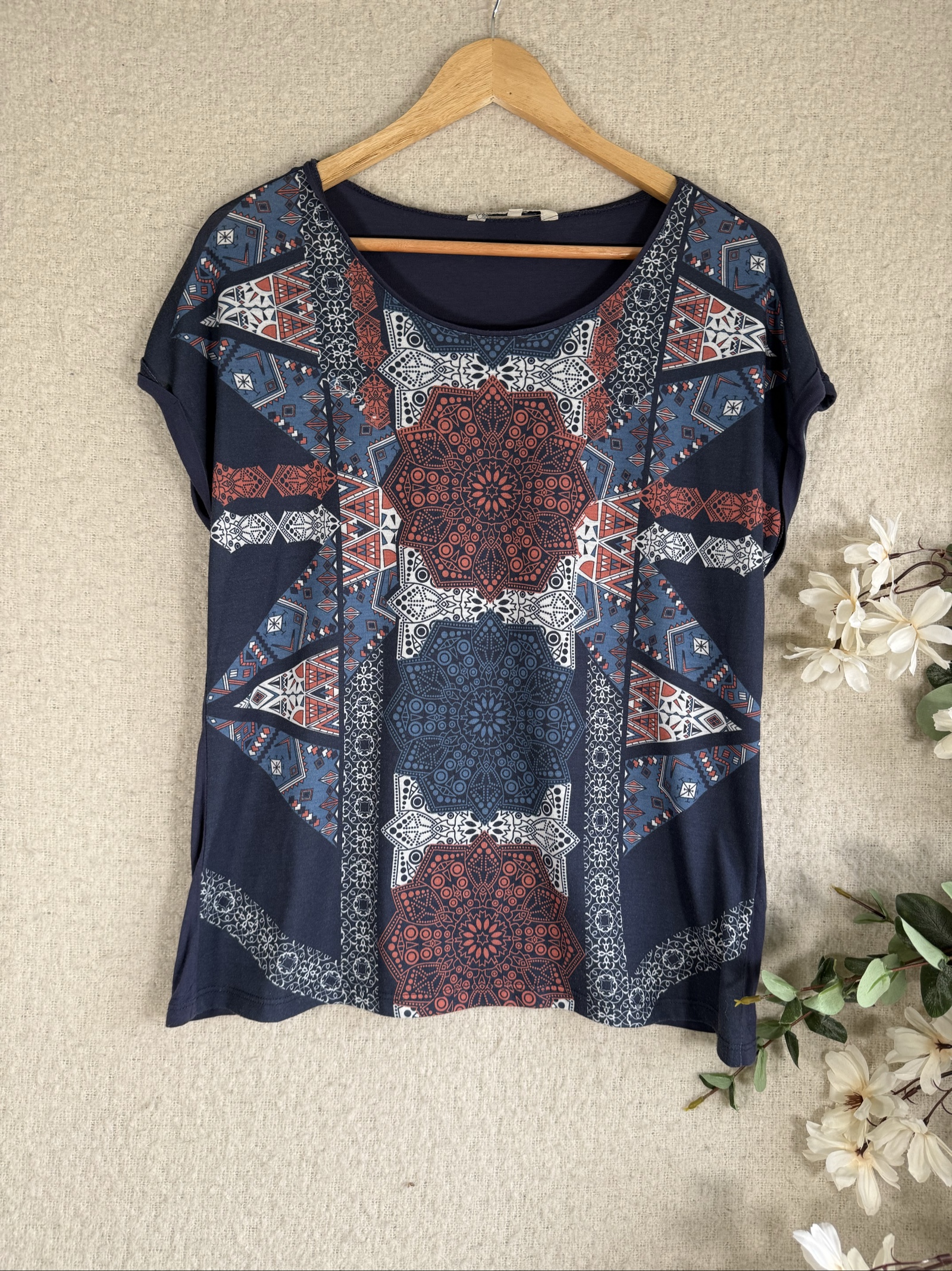 Spirit at MaCo Navy Boho Print Casual Top UK 12 Short Sleeve