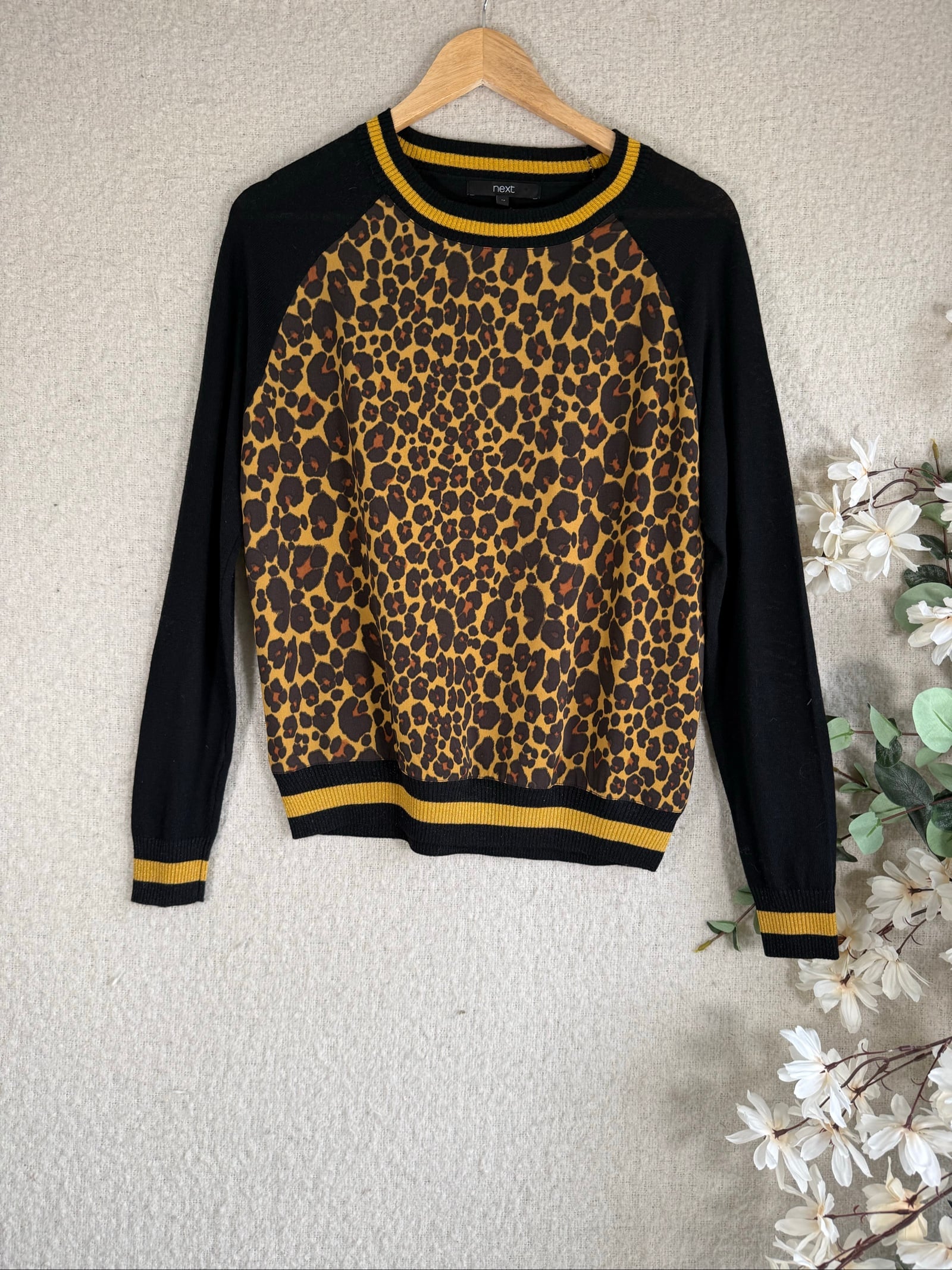 Next Black & Brown Animal Print Knit Sweater UK 12 Stylish Leopard Jumper