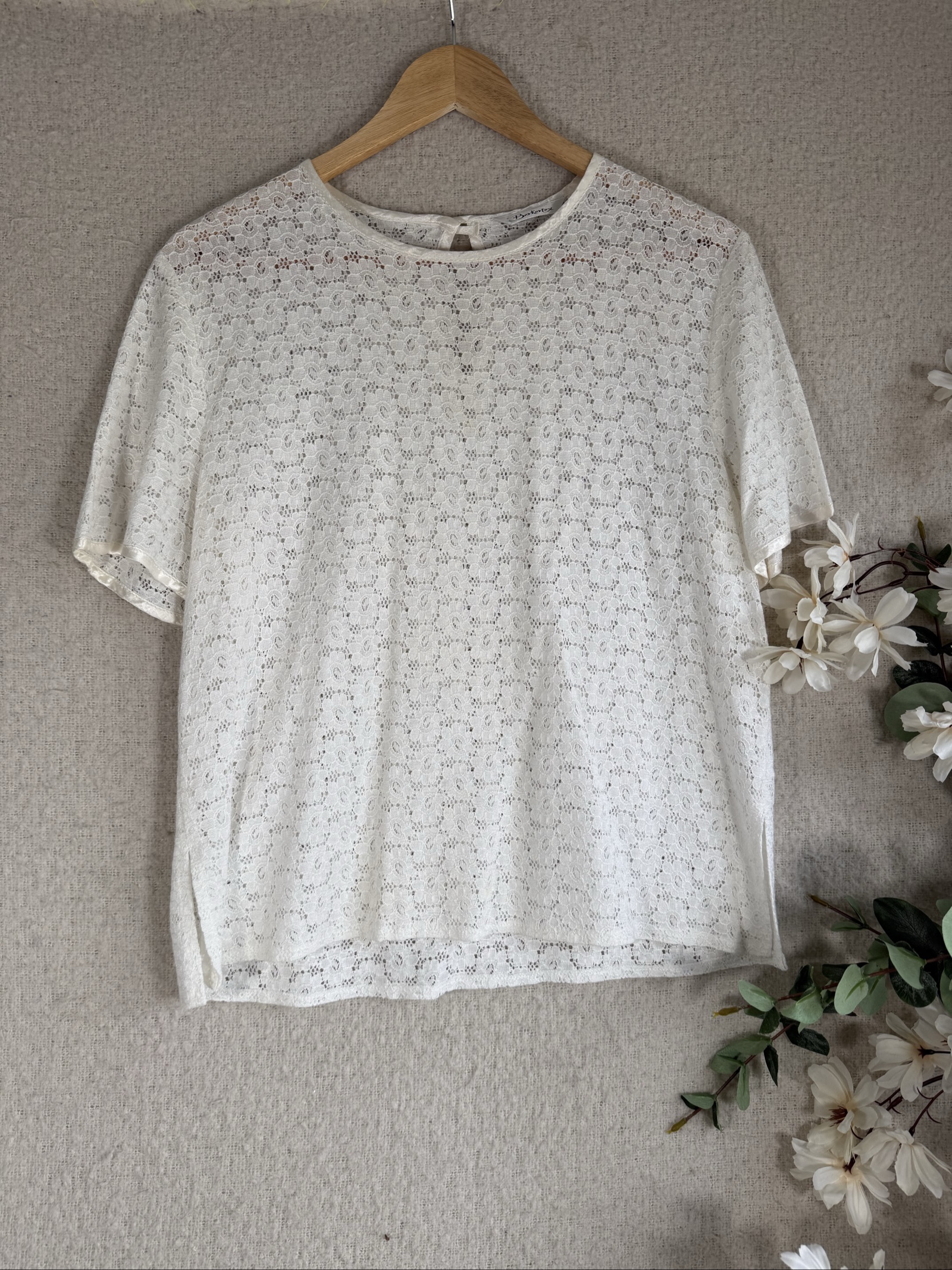 Berkertex White Lace Top UK 14 Floral Detail Short Sleeve Casual Blouse