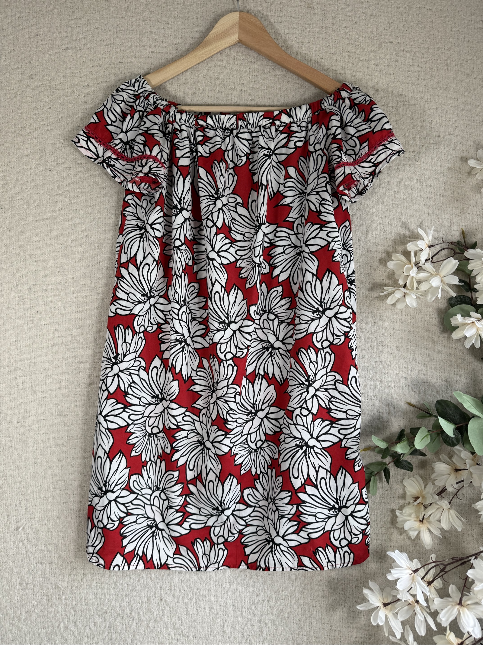 Primark Red & White Floral Print Off Shoulder Dress UK 12 Casual Summer Tunic
