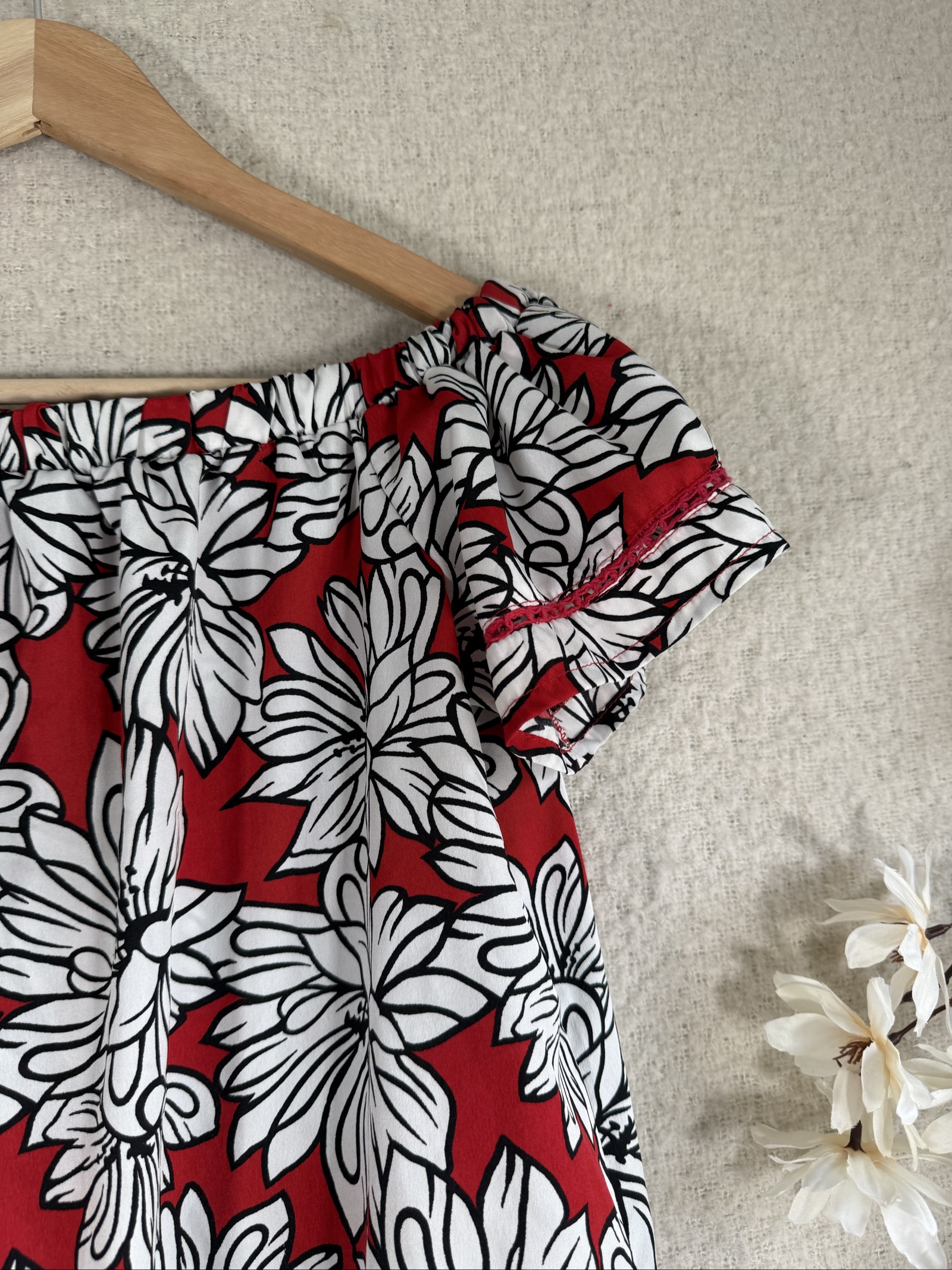 Primark Red & White Floral Print Off Shoulder Dress UK 12 Casual Summer Tunic image 2