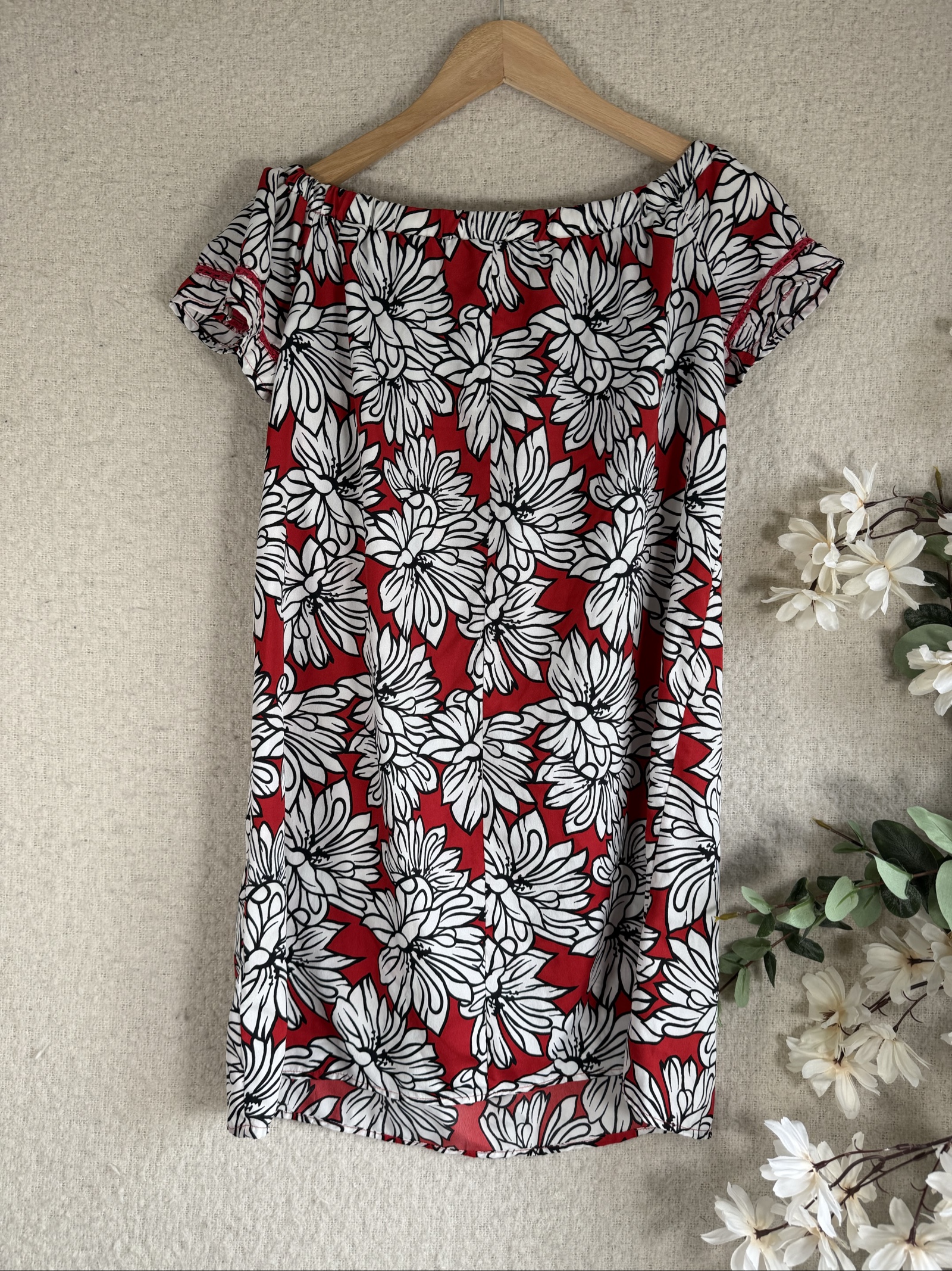 Primark Red & White Floral Print Off Shoulder Dress UK 12 Casual Summer Tunic image 4