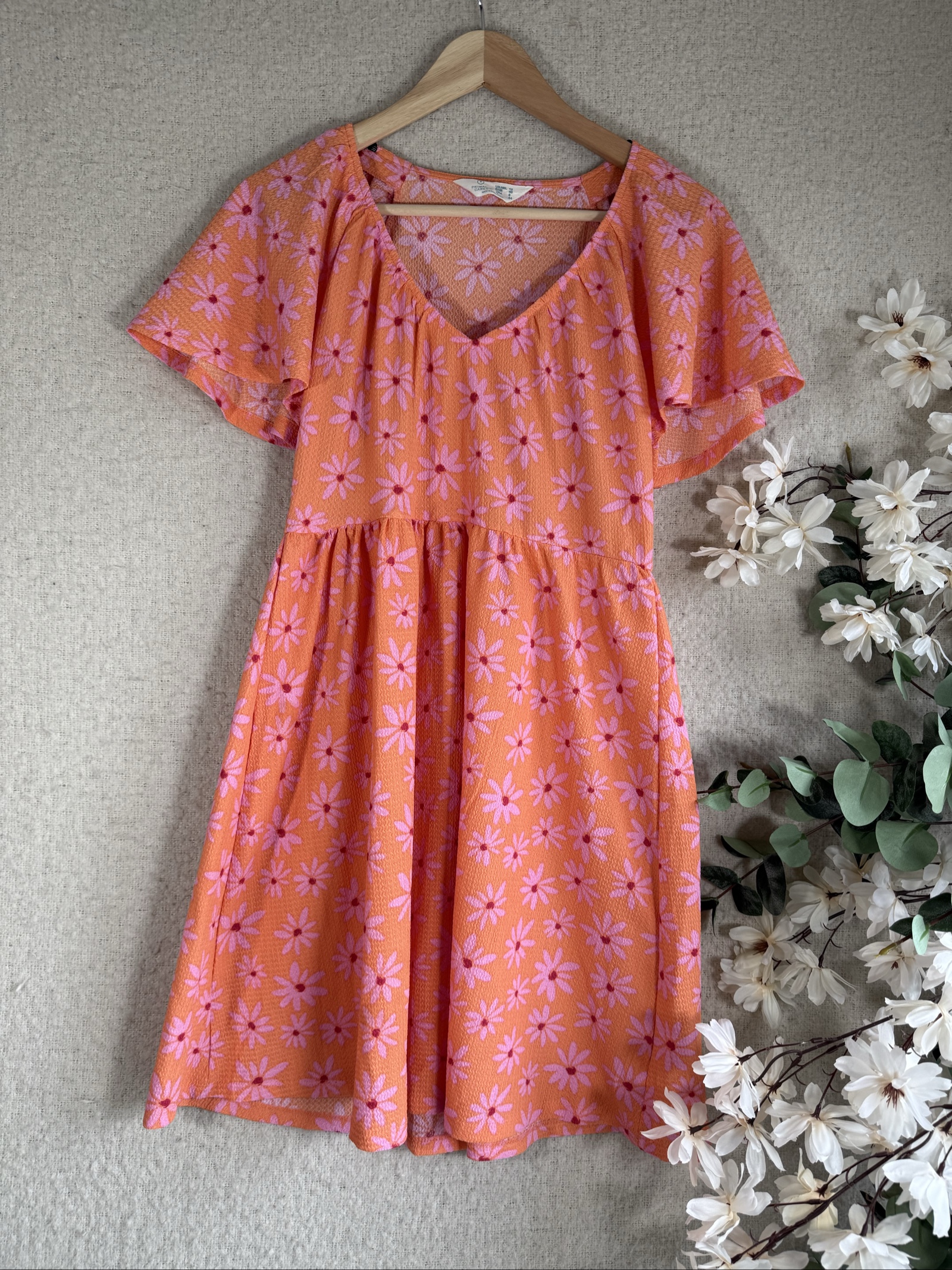 Primark Orange & Pink Floral Print Dress UK 12 Short Sleeve Casual Summer