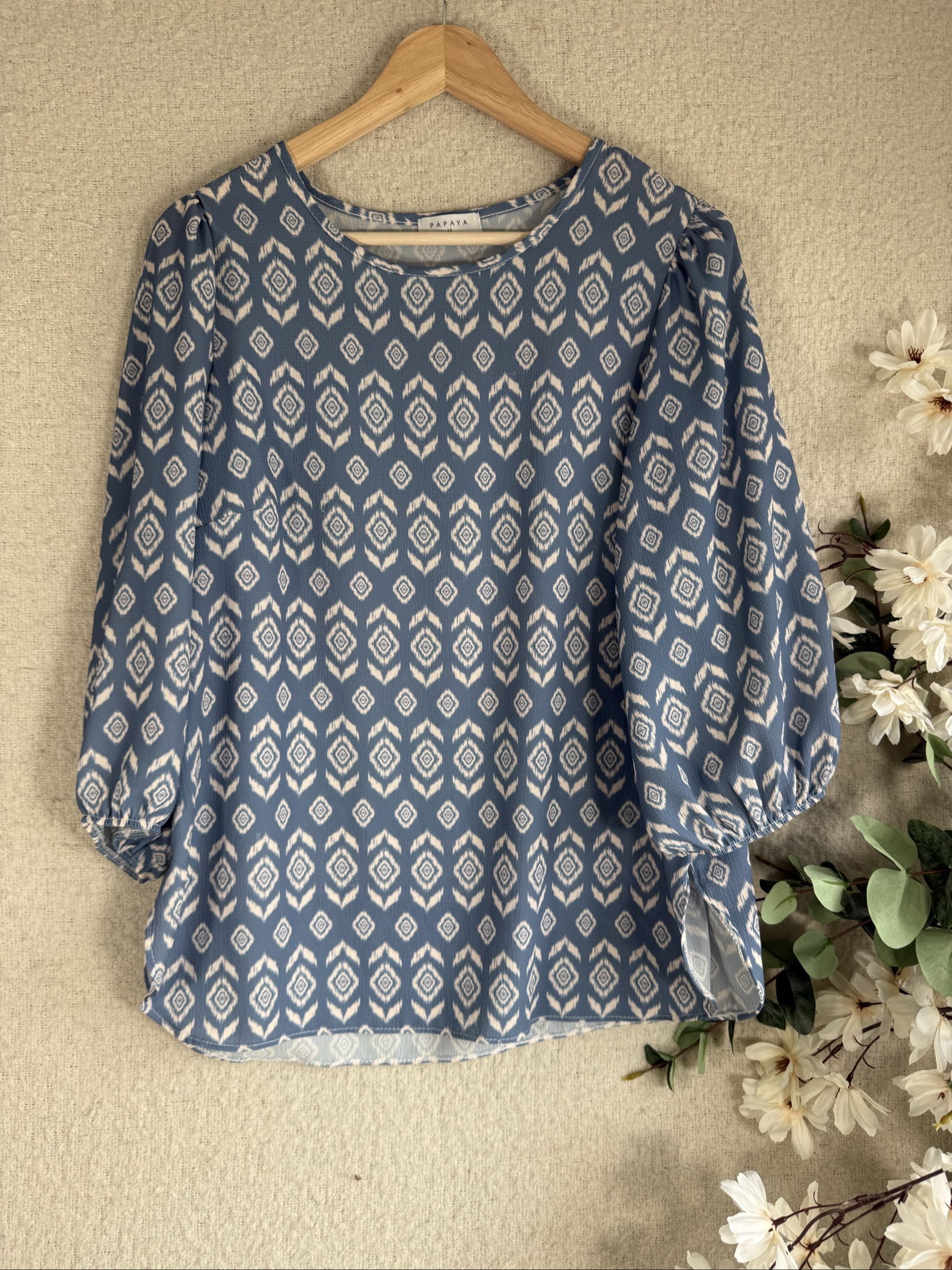 Papaya Blue & White Patterned Blouse UK 12 Puff Sleeve Casual Top