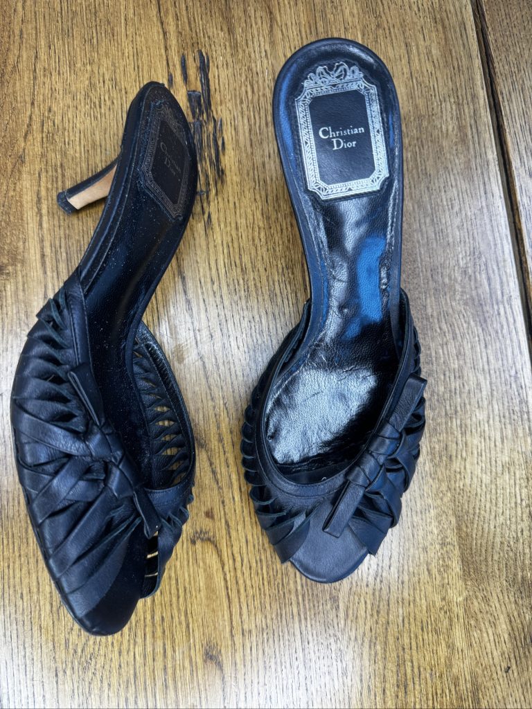 Vintage Christian Dior Black Leather Peep Toe Kitten Heels UK 4.5