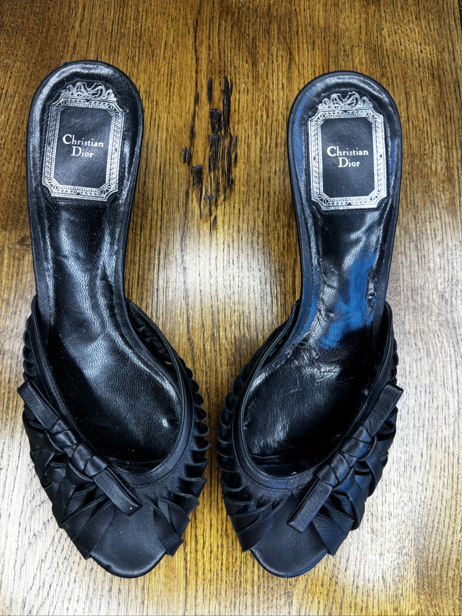 Vintage Christian Dior Black Leather Peep Toe Kitten Heels UK 4.5 image 4