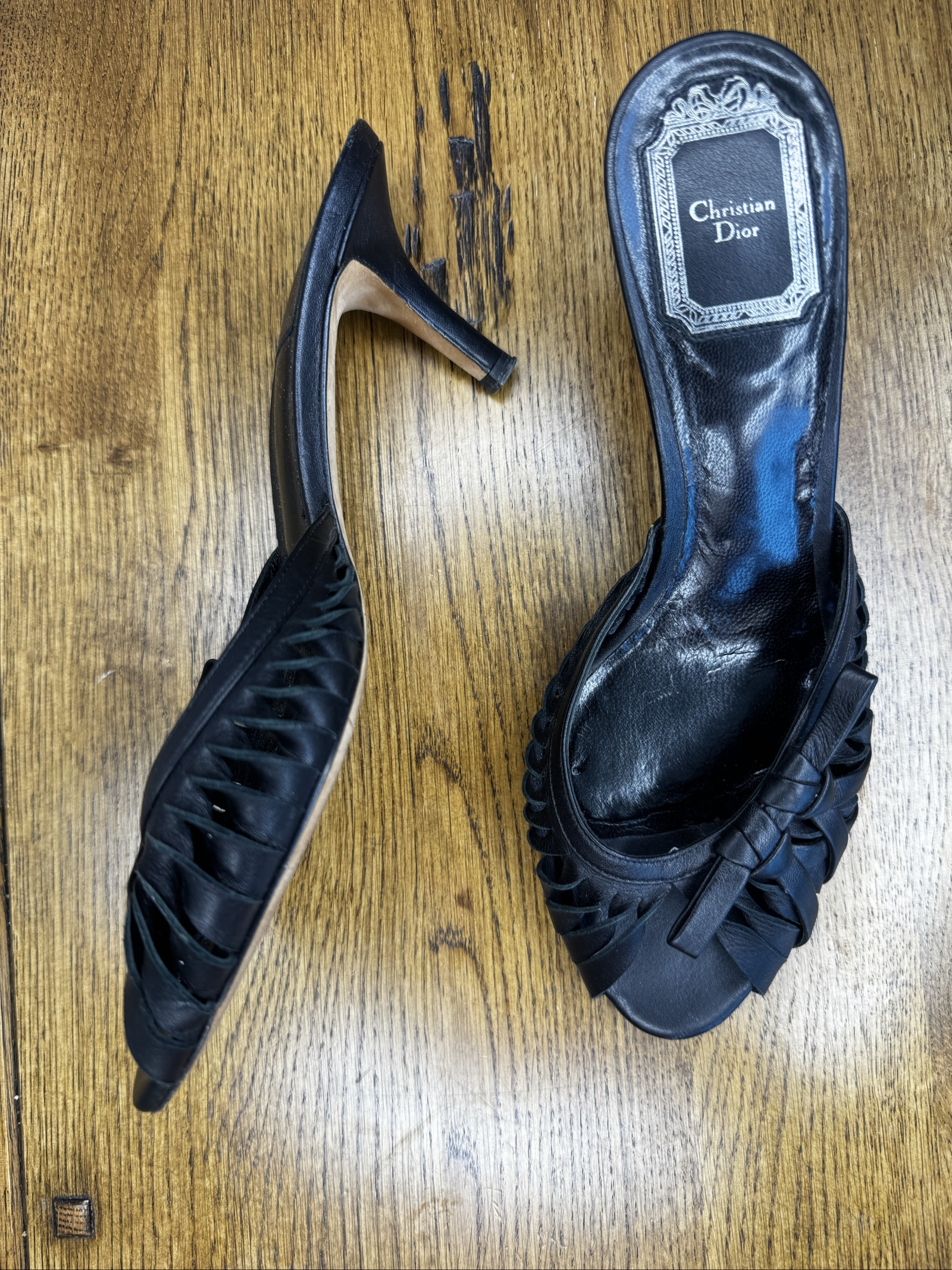 Vintage Christian Dior Black Leather Peep Toe Kitten Heels UK 4.5 image 6