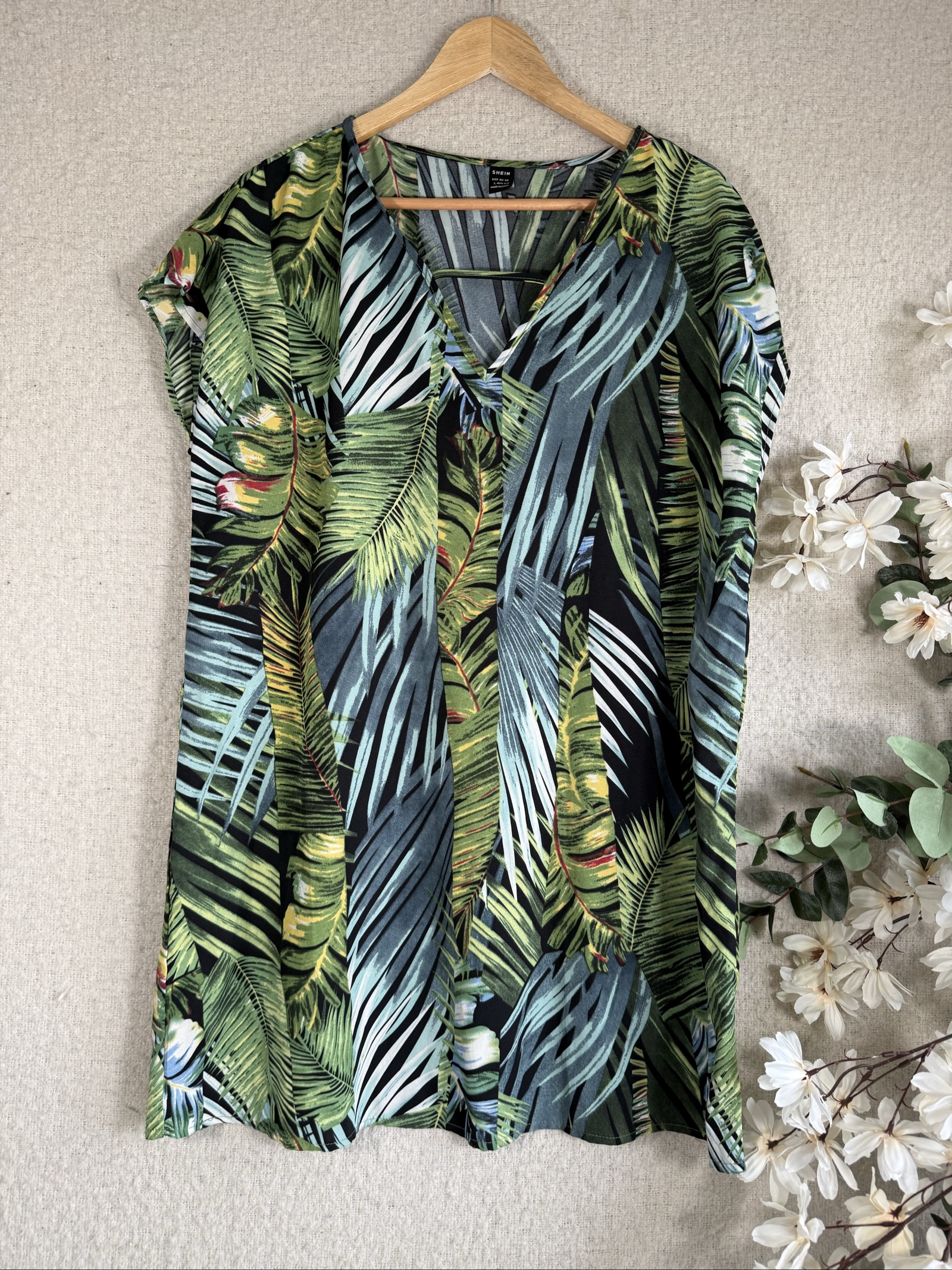 Shein Green Leaf Print V-Neck Loose Fit Dress UK Large Tropical Style