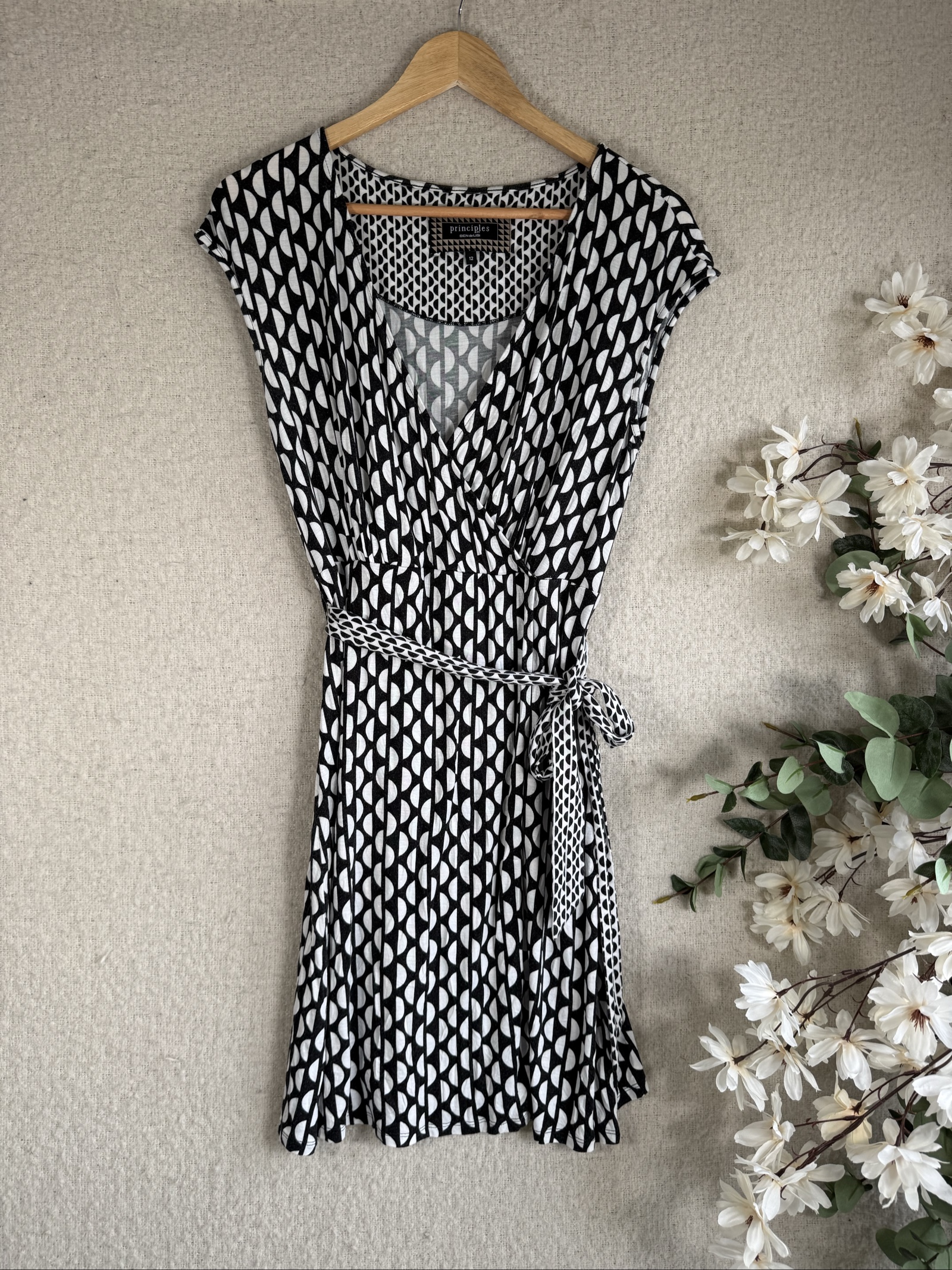 Principles Black & White Geometric Print Wrap Dress UK 12 Belted Tie Waist