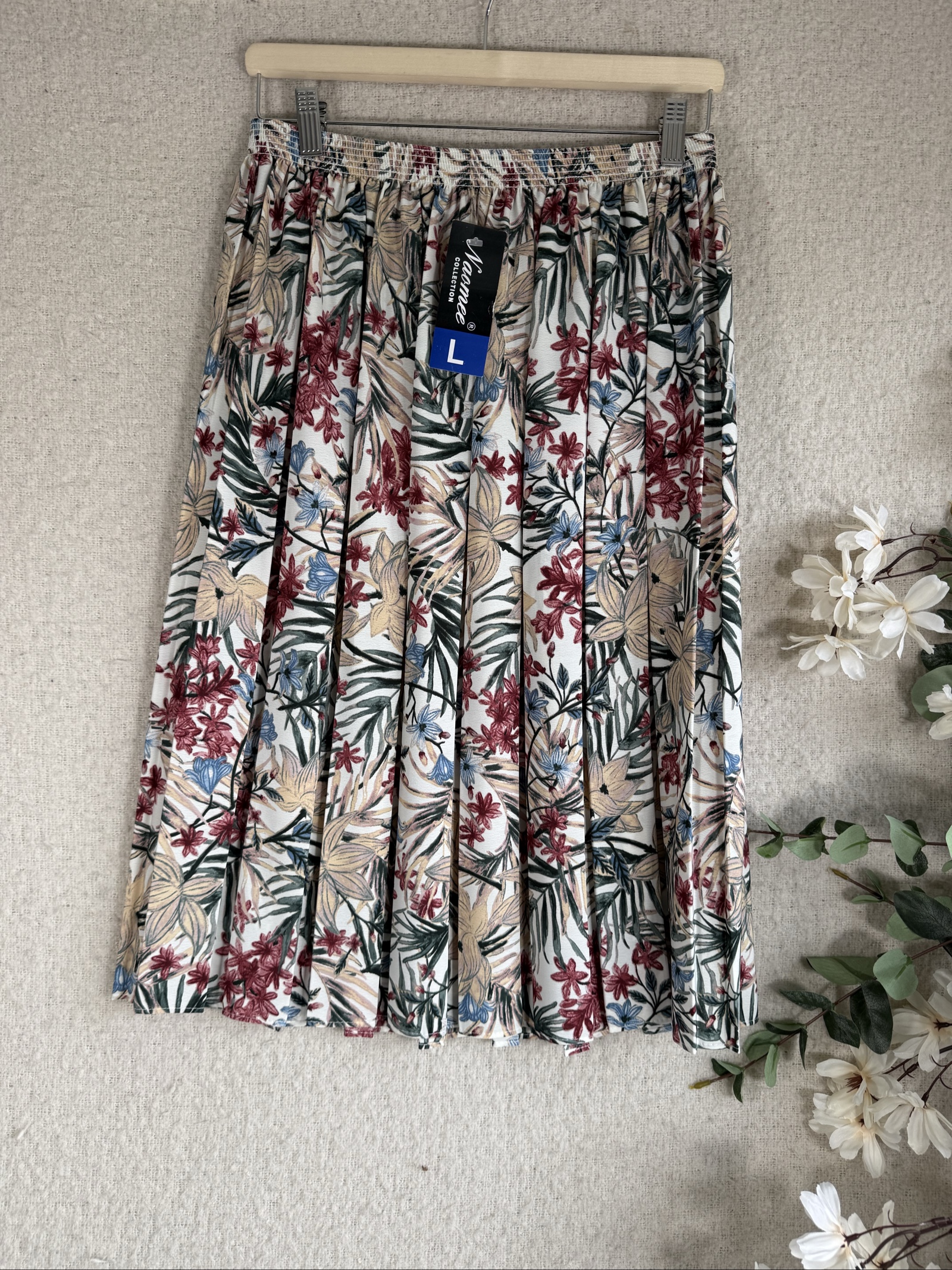Naomee Floral Print Pleated Midi Skirt UK Large Elastic Waist