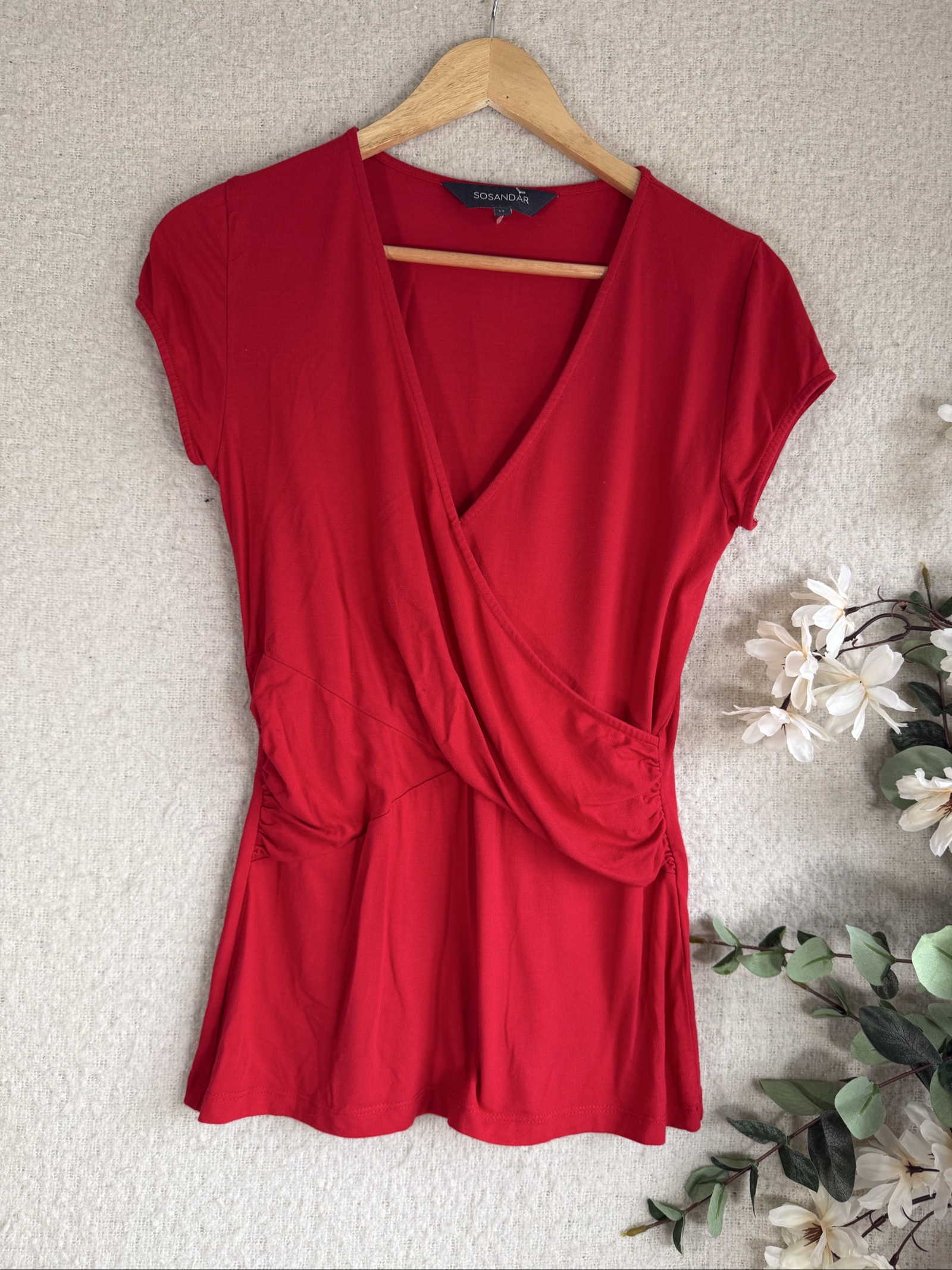 Sosandar Red Wrap Style V-Neck Top UK 12 Stretch Viscose Short Sleeve