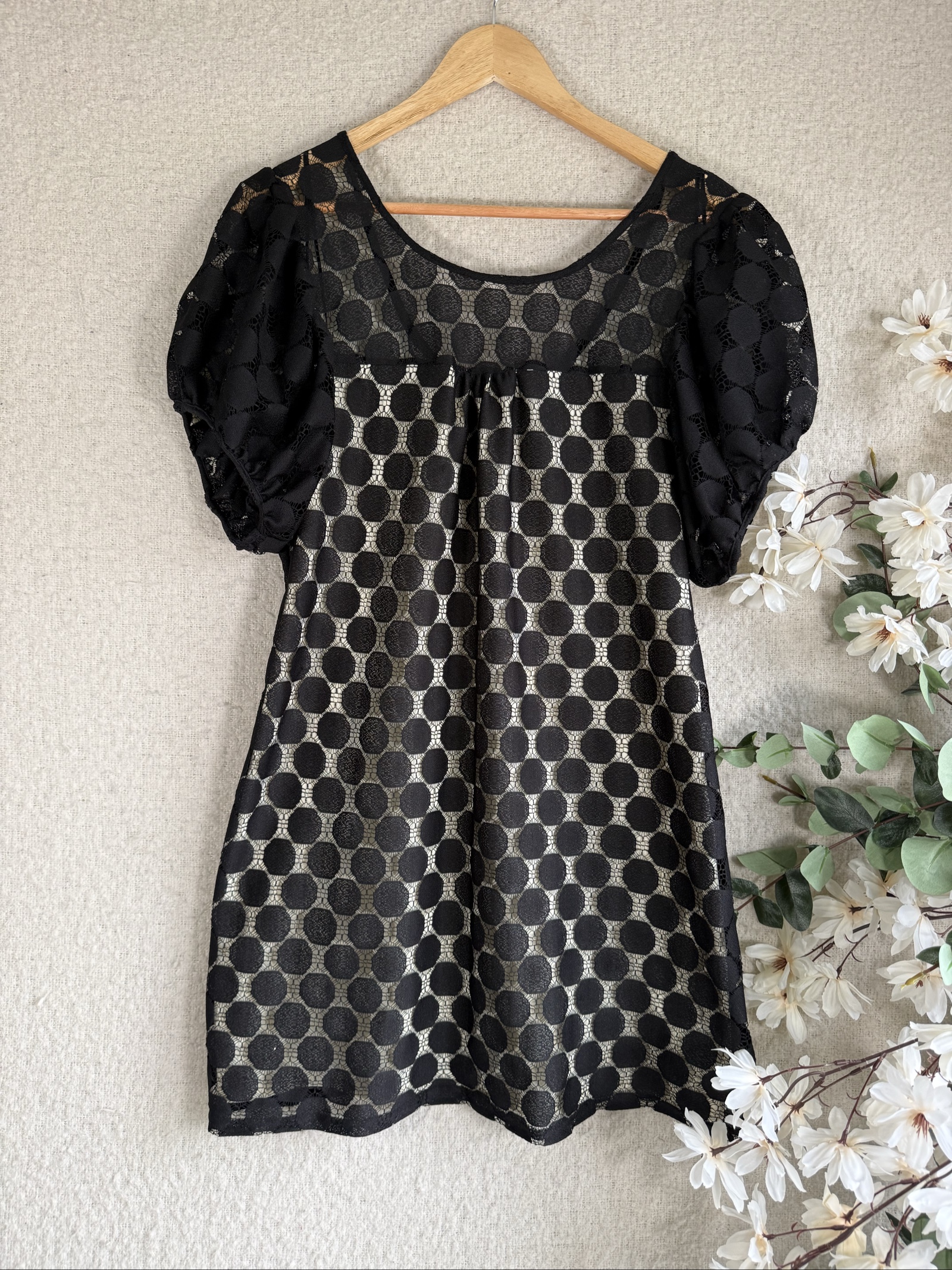 Dorothy Perkins Black Lace Puff Sleeve Dress UK 14 Elegant Occasion Wear
