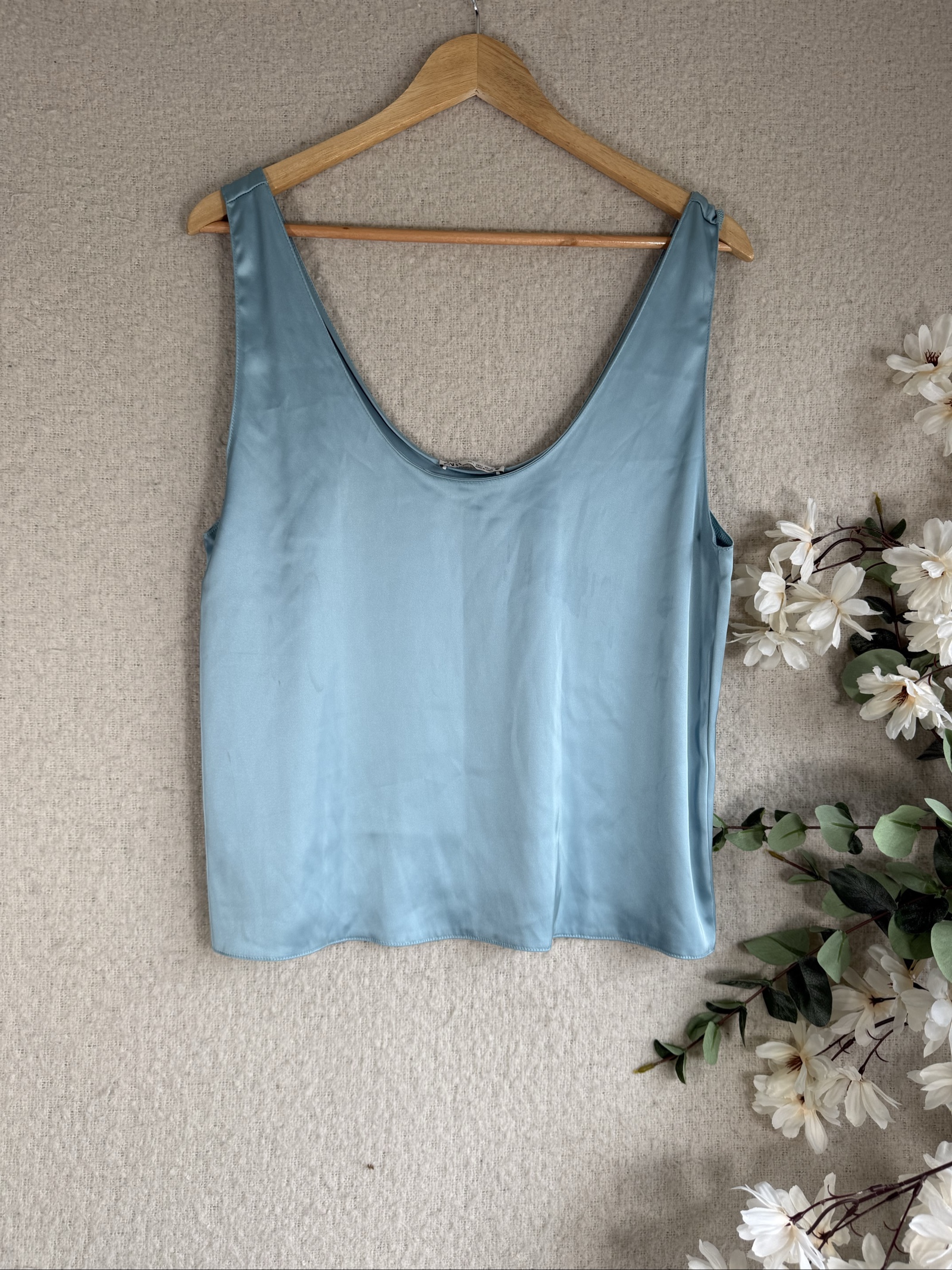 Zara Blue Satin Effect Sleeveless Tank Top UK Large Polyester Elastane
