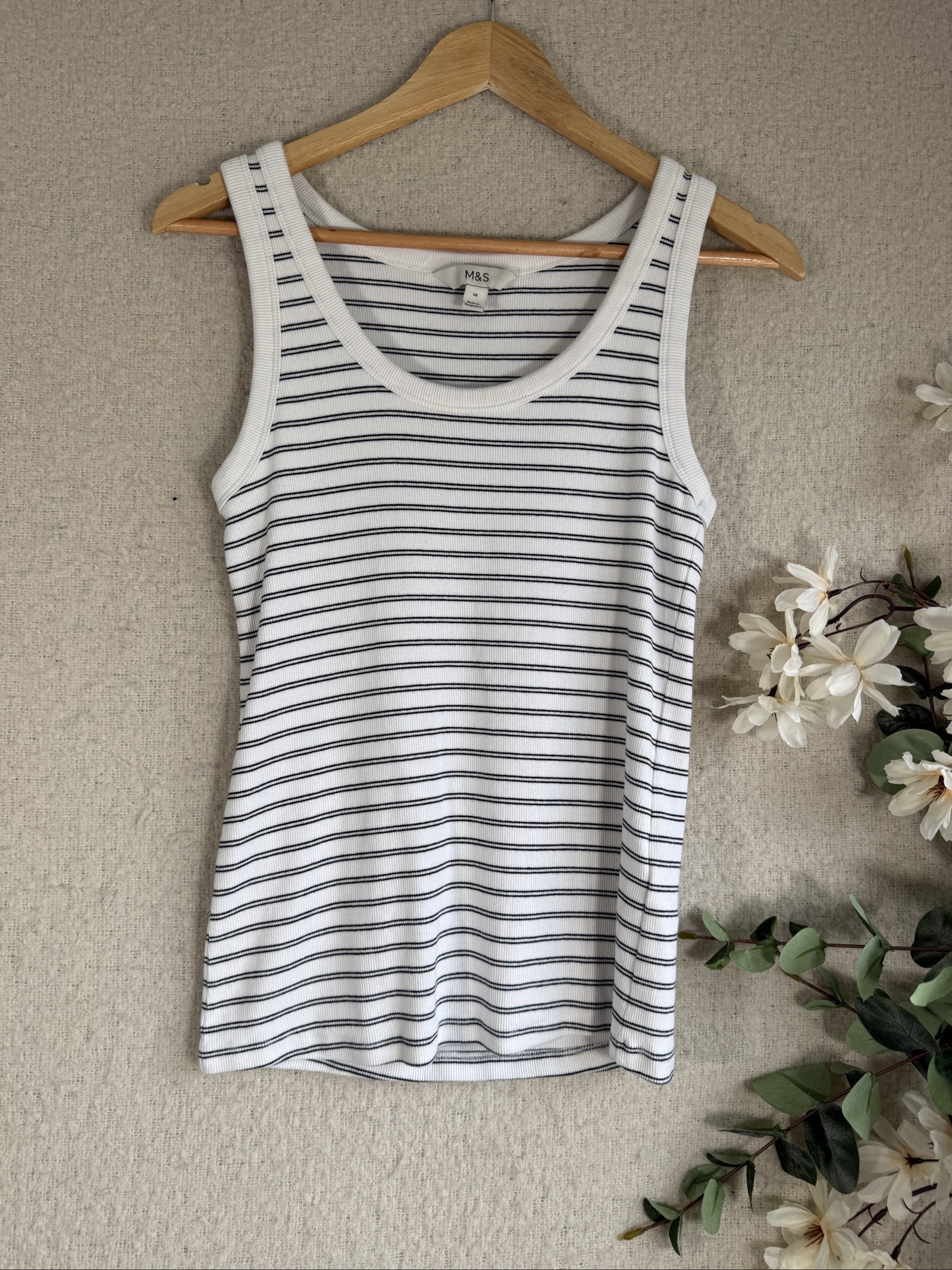 M&S White & Navy Stripe Ribbed Tank Top UK 14 Sleeveless Casual Summer