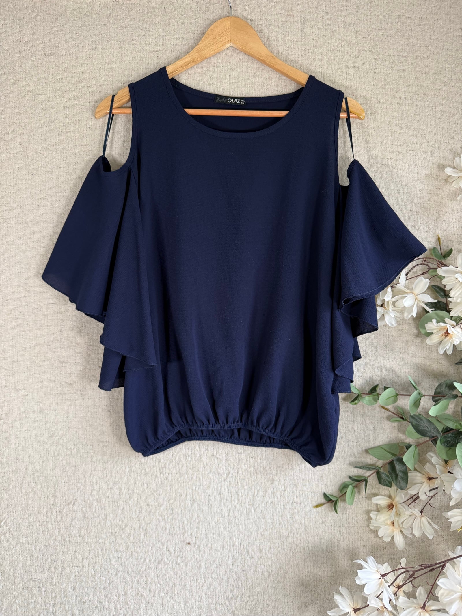 Quiz Navy Cold Shoulder Blouse UK 14 Flared Sleeve Top