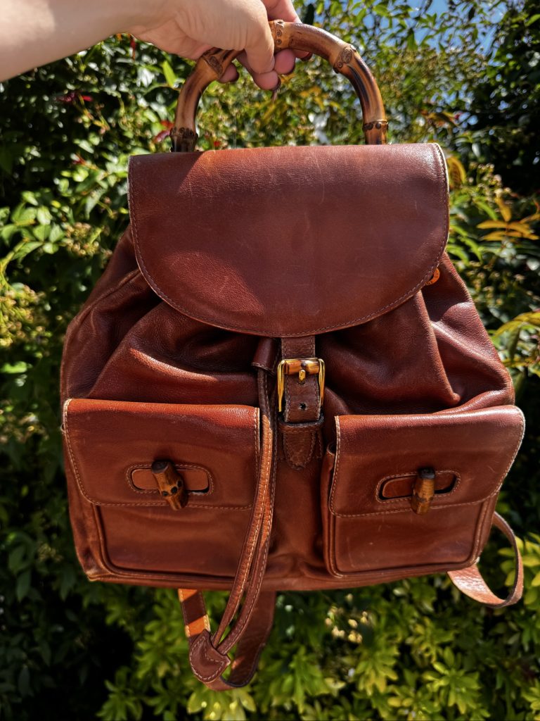 Vintage Gucci Brown Bamboo Handle Leather Backpack