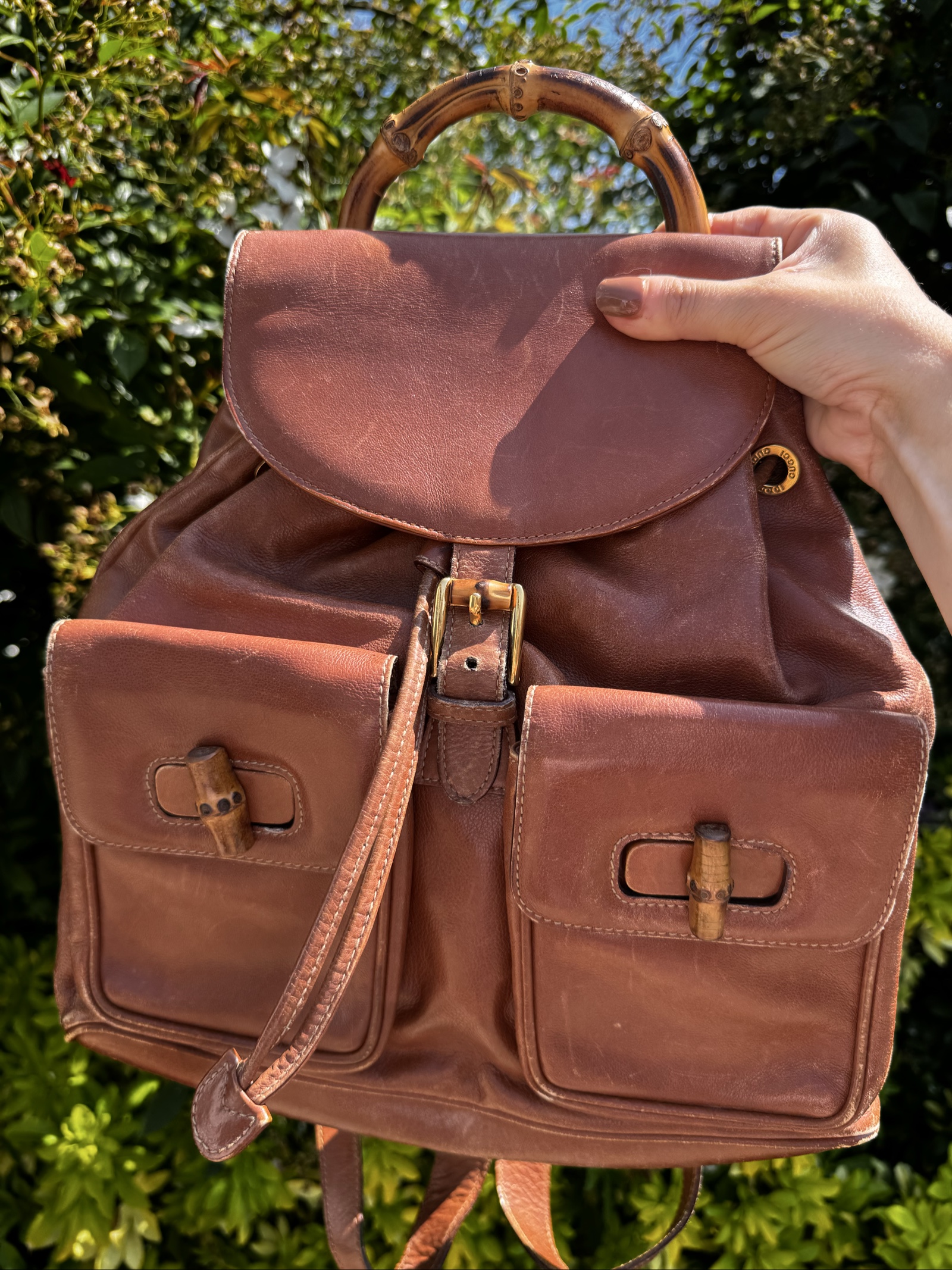 Vintage Gucci Brown Bamboo Handle Leather Backpack image 2