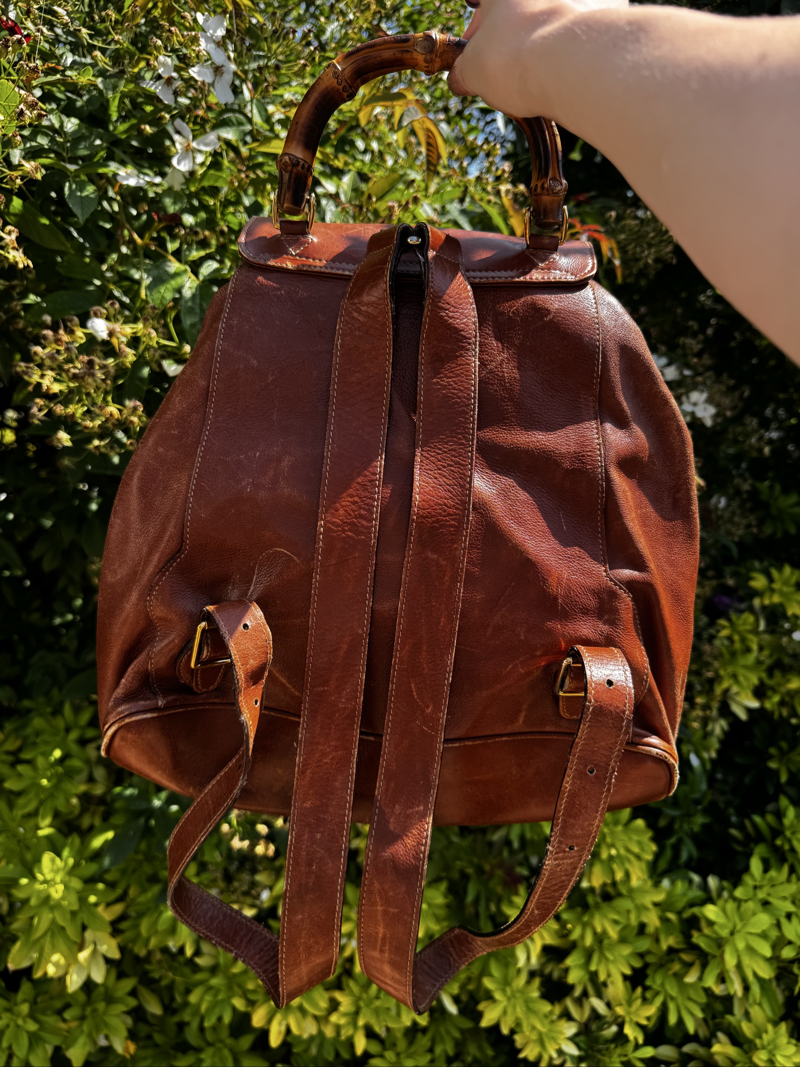 Vintage Gucci Brown Bamboo Handle Leather Backpack image 7