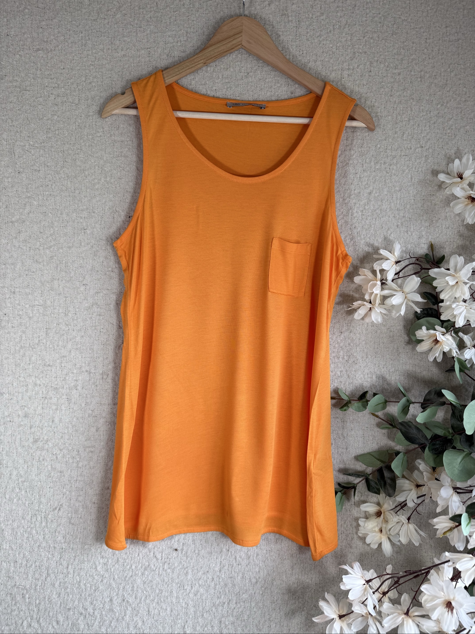M&S Tangerine Orange Sleeveless Tank Top Pocket UK 14 Summer Casual