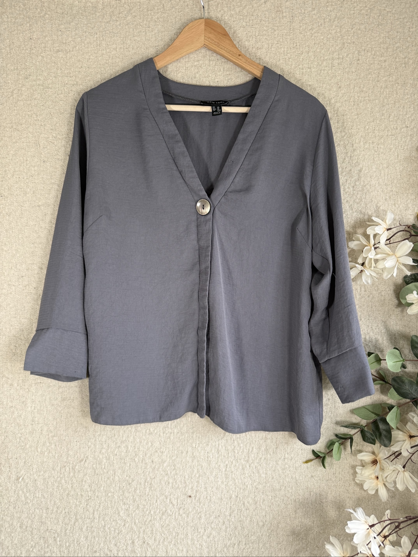 New Look Grey Button Front V Neck Jacket UK 14 Elegant Lightweight Top