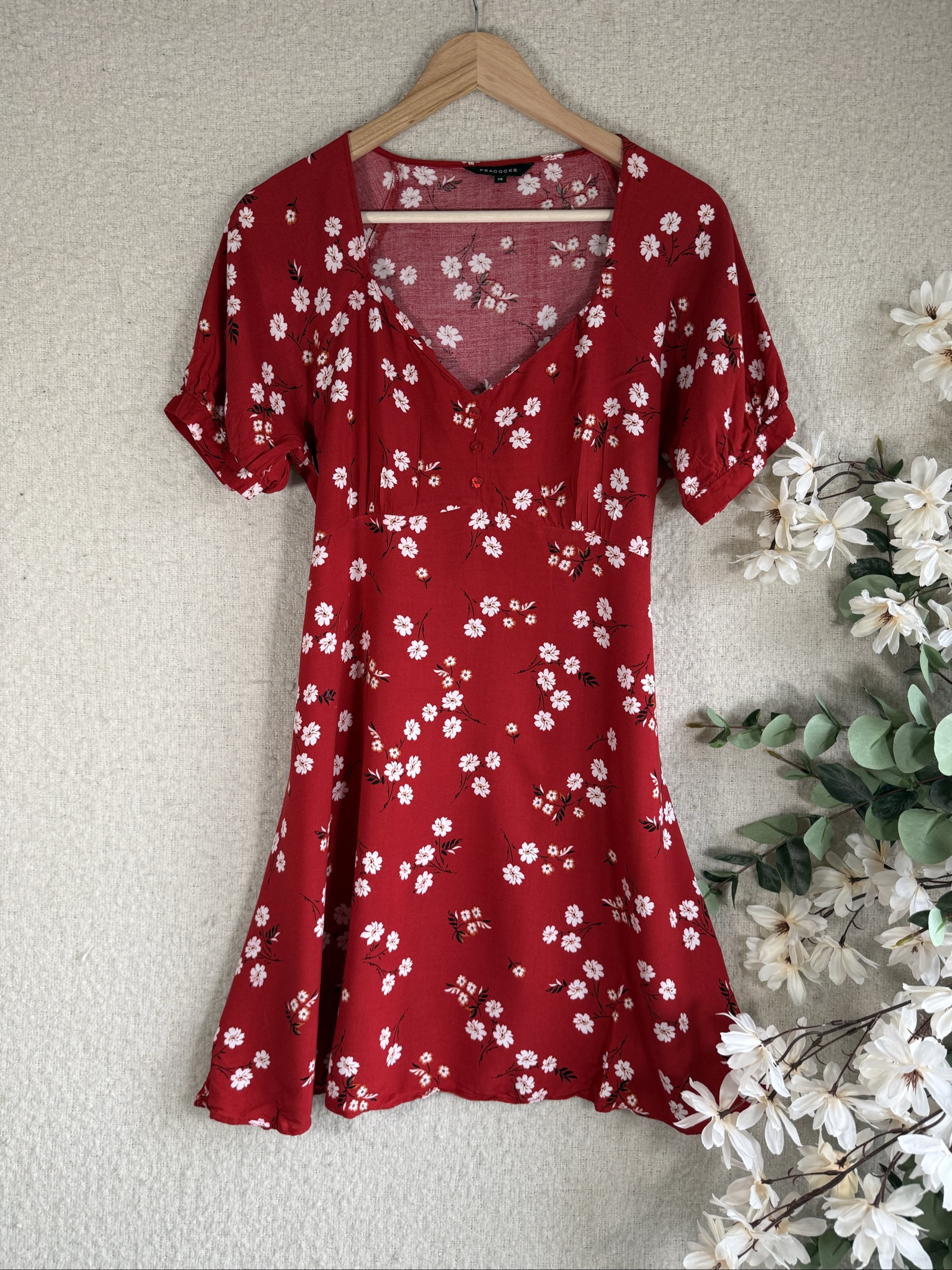 Peacocks Red Floral Print Dress UK 14 V-Neck Button Detail Summer Casual