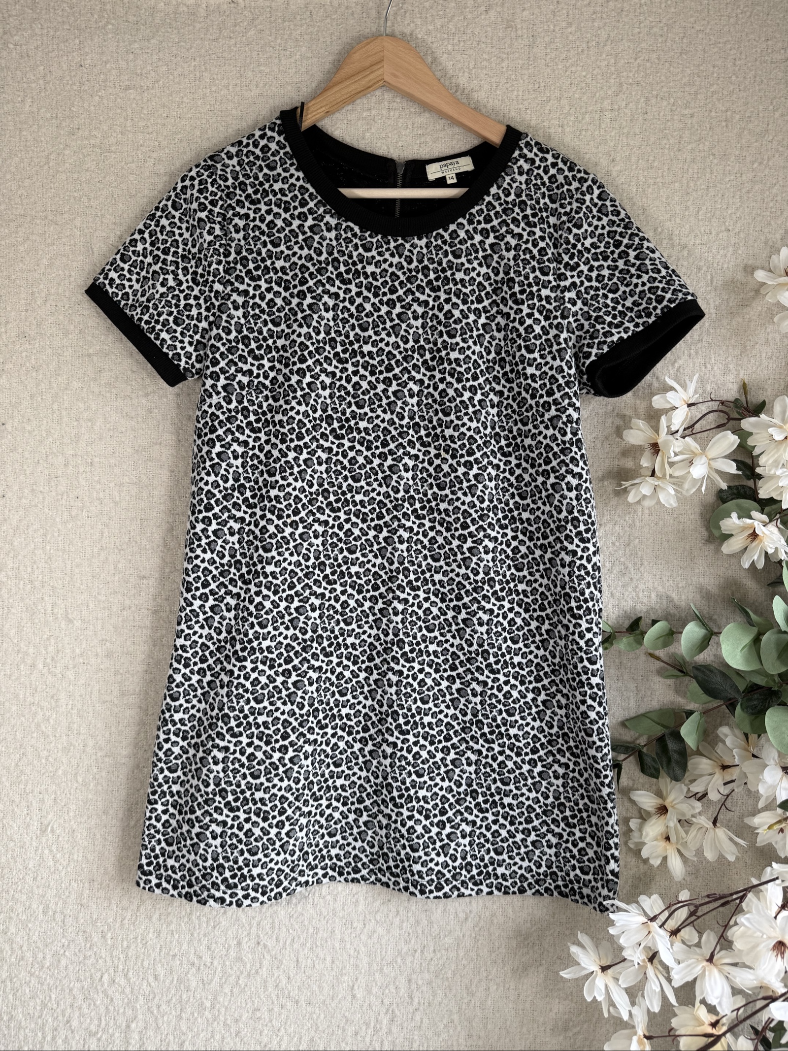 Papaya Black & White Leopard Print Short Sleeve Dress UK 14 Weekend Casual