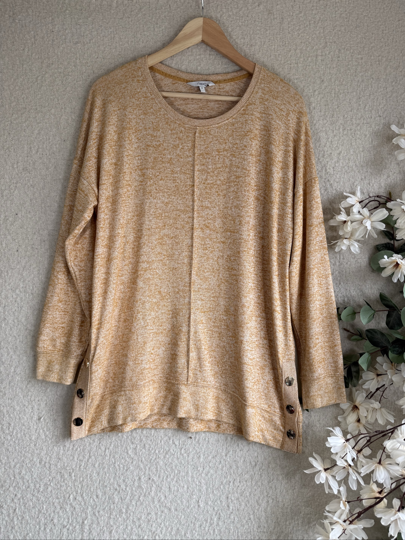 Next Beige & White Mottled Knit Long Sleeve Sweater Top UK 16 Buttons Detail