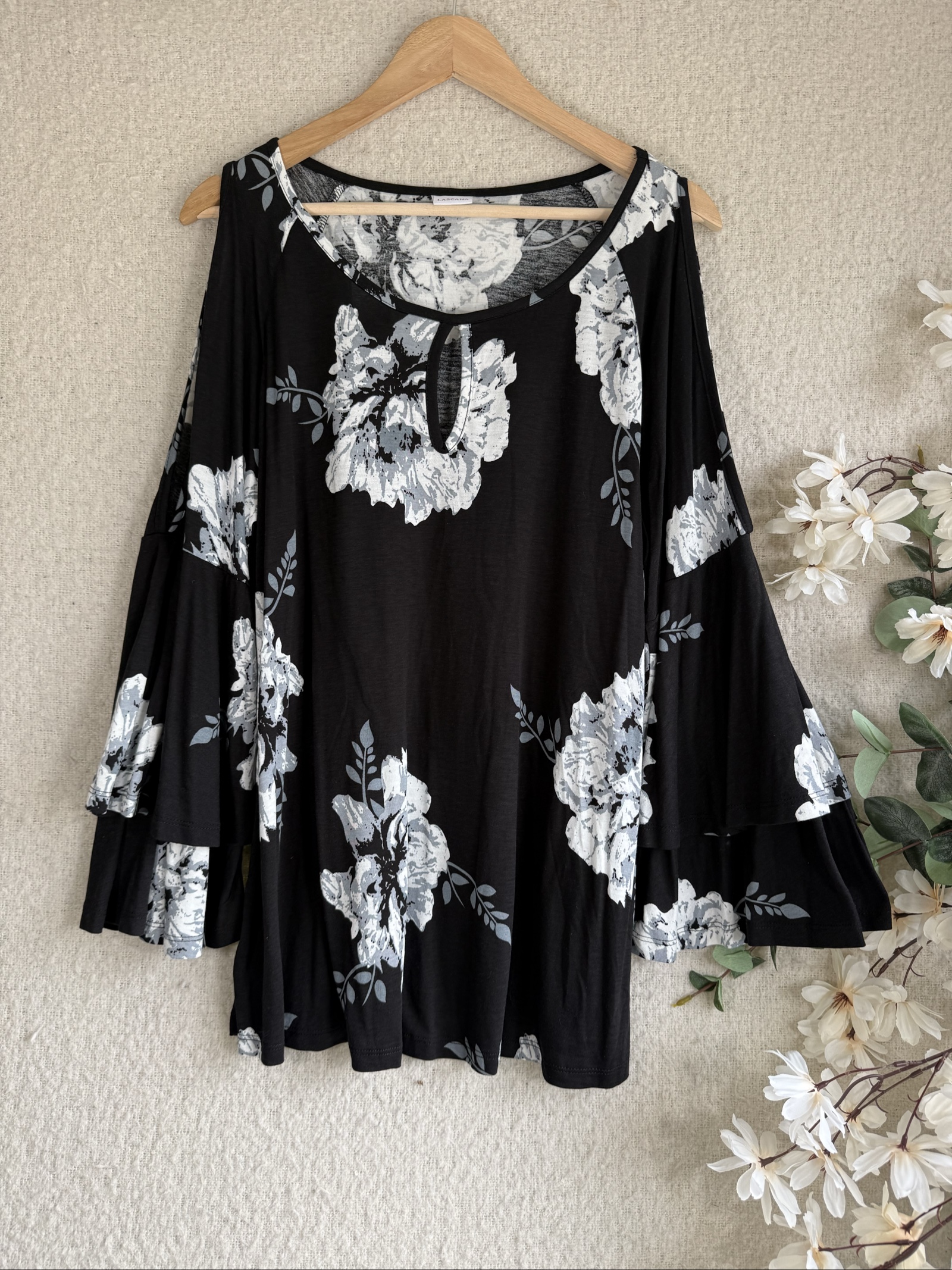 Lascana Black & White Floral Cold Shoulder Top UK 12 Flared Sleeves