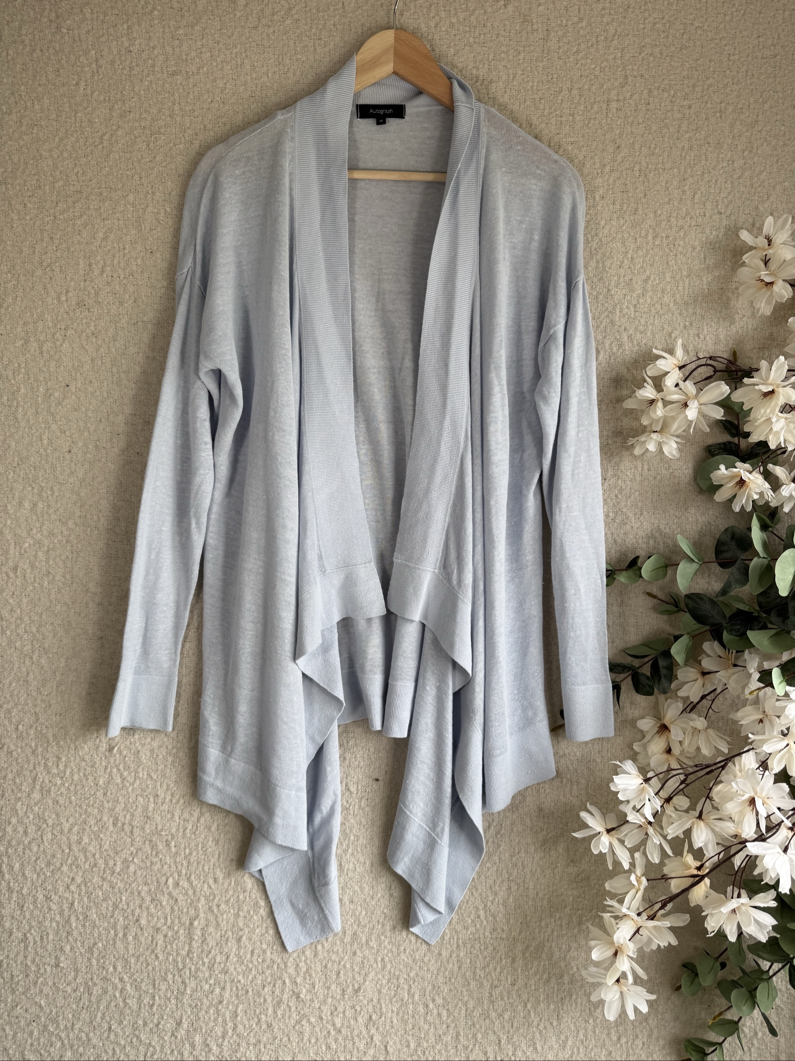 Autograph Pale Blue Lightweight Open Front Cardigan UK 14 Casual Chic
