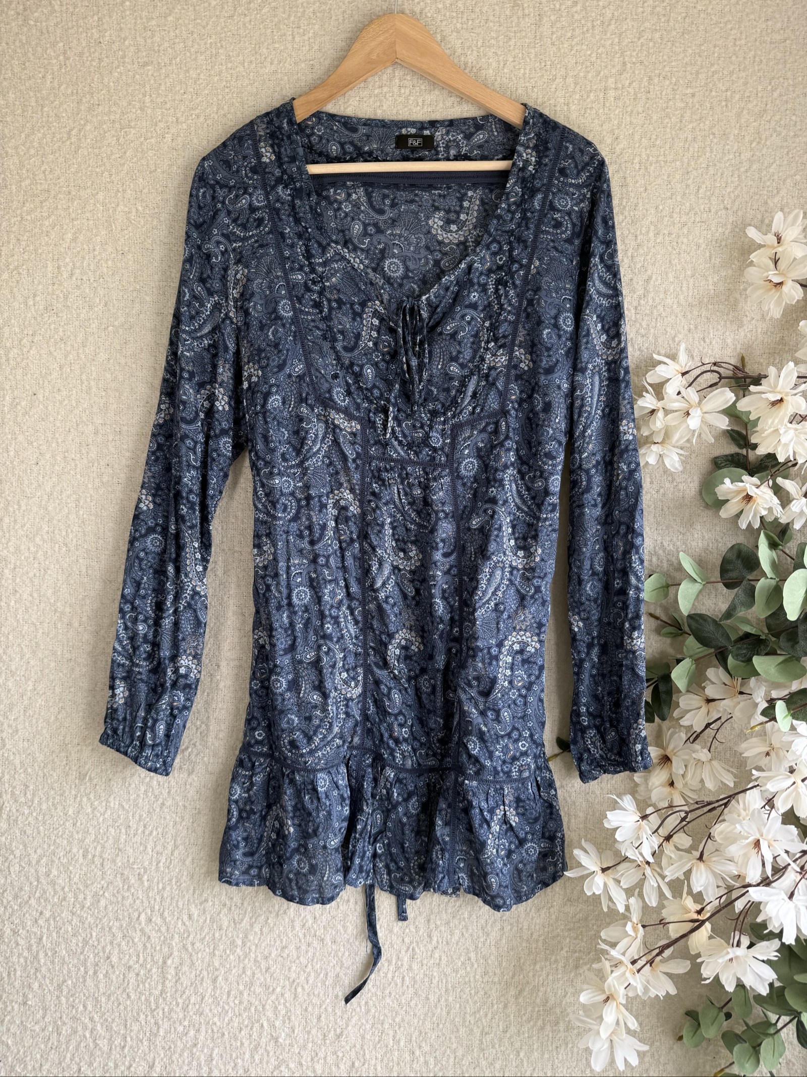 F&F Navy Paisley Print Tunic Top UK 20 Long Sleeve Lightweight