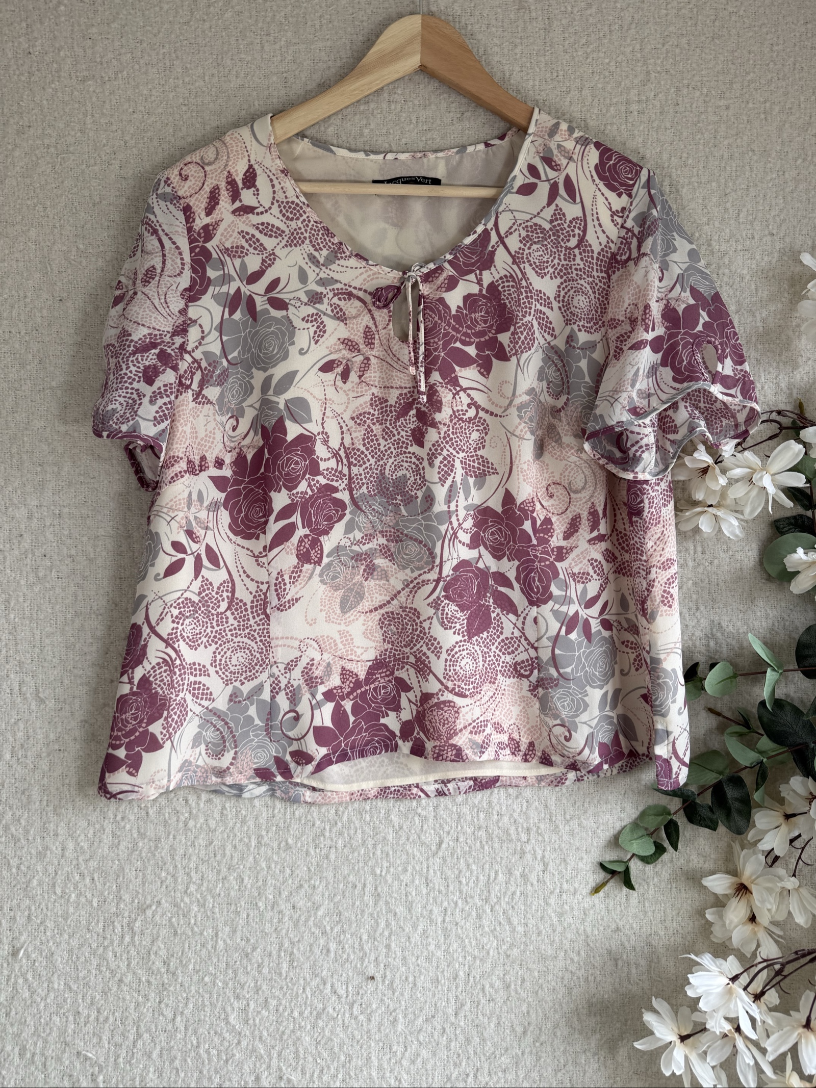 Jacques Vert Purple & Grey Floral Blouse UK 20 Polyester Summer Top