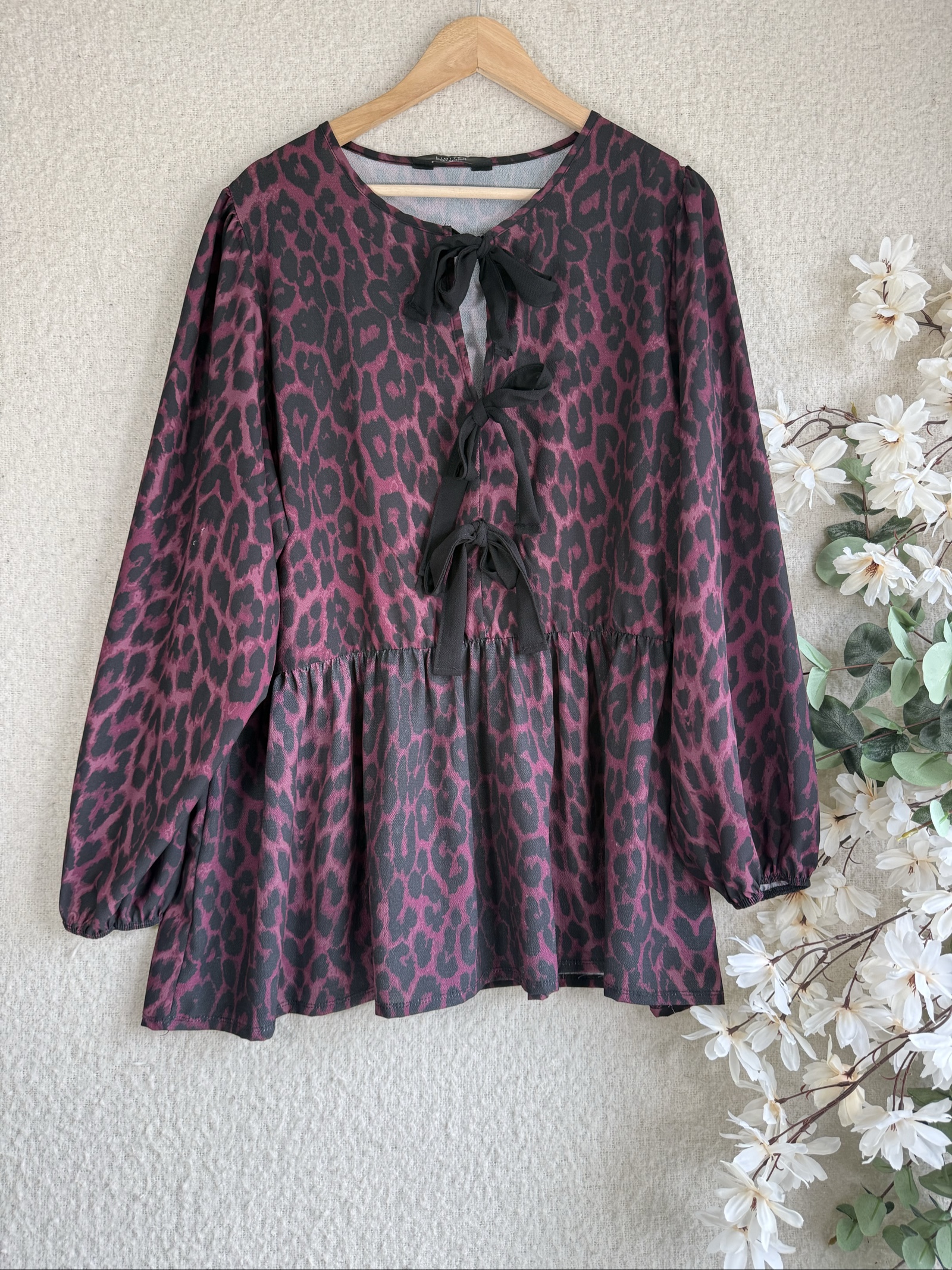 Limited Collection Burgundy & Black Animal Print Bow Tie Blouse UK 12