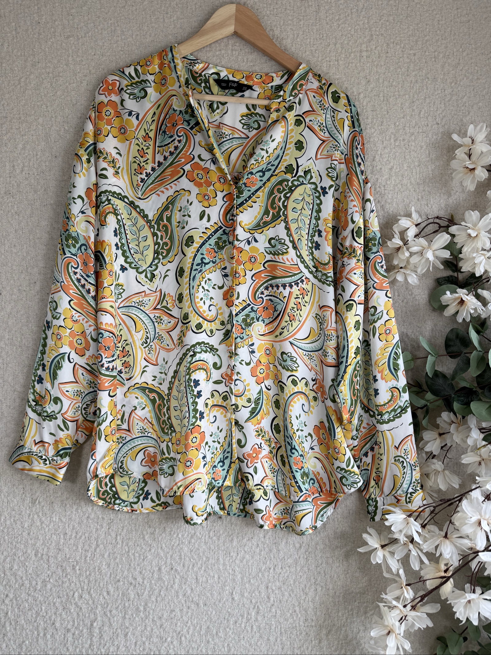 F&F White Paisley Print Blouse UK 20 Long Sleeve Casual Shirt Top
