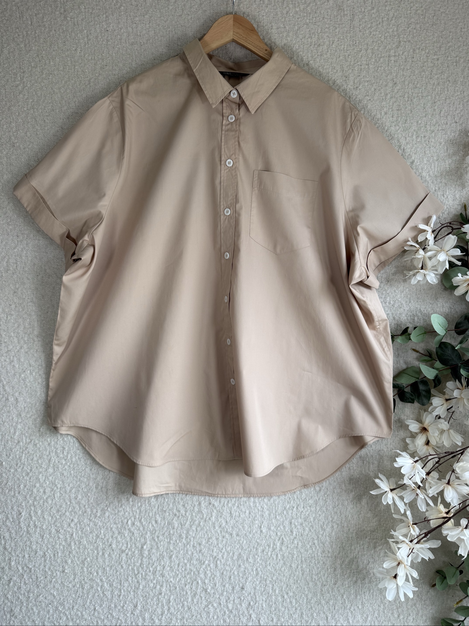 M&S Buff Short Sleeve Shirt Blouse UK 24 Relaxed Fit Casual Pocket