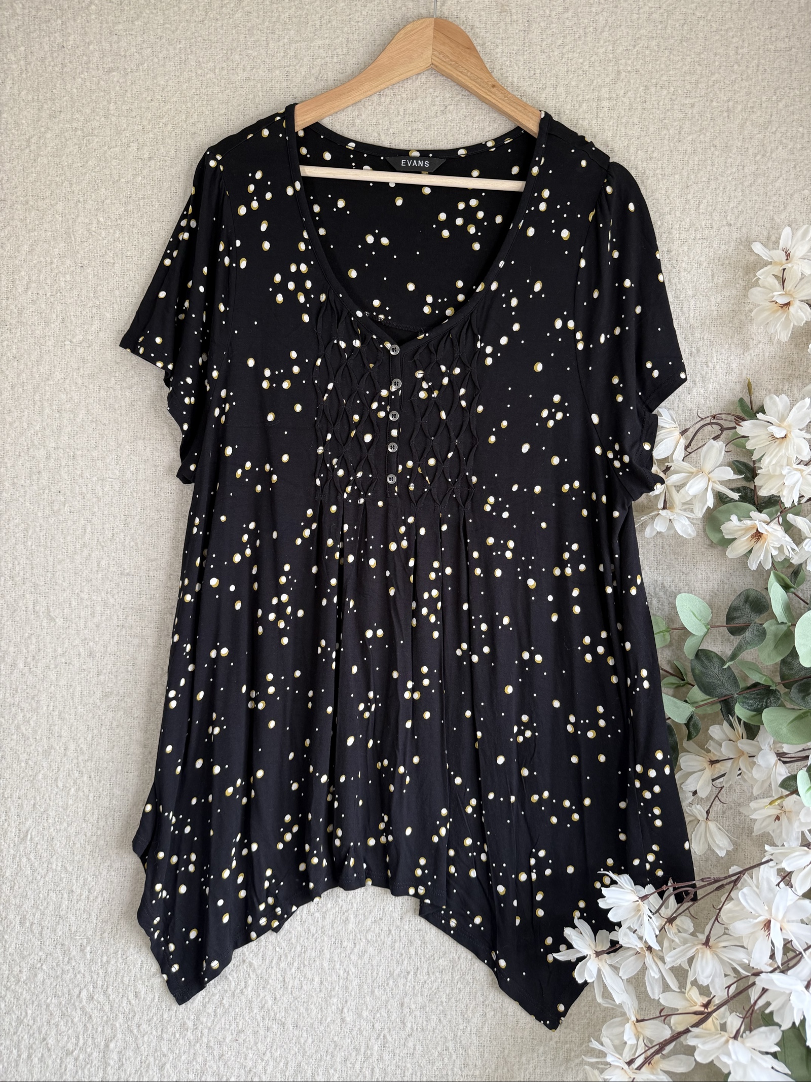 Evans Black & White Polka Dot V-Neck Smock Blouse UK 20 Plus Size