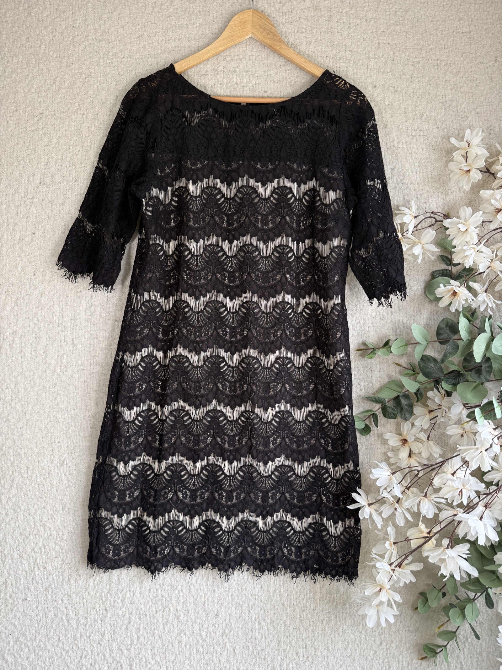Wallis Black Lace Dress UK 16 Sheer Floral Design Elegant Occasion Wear