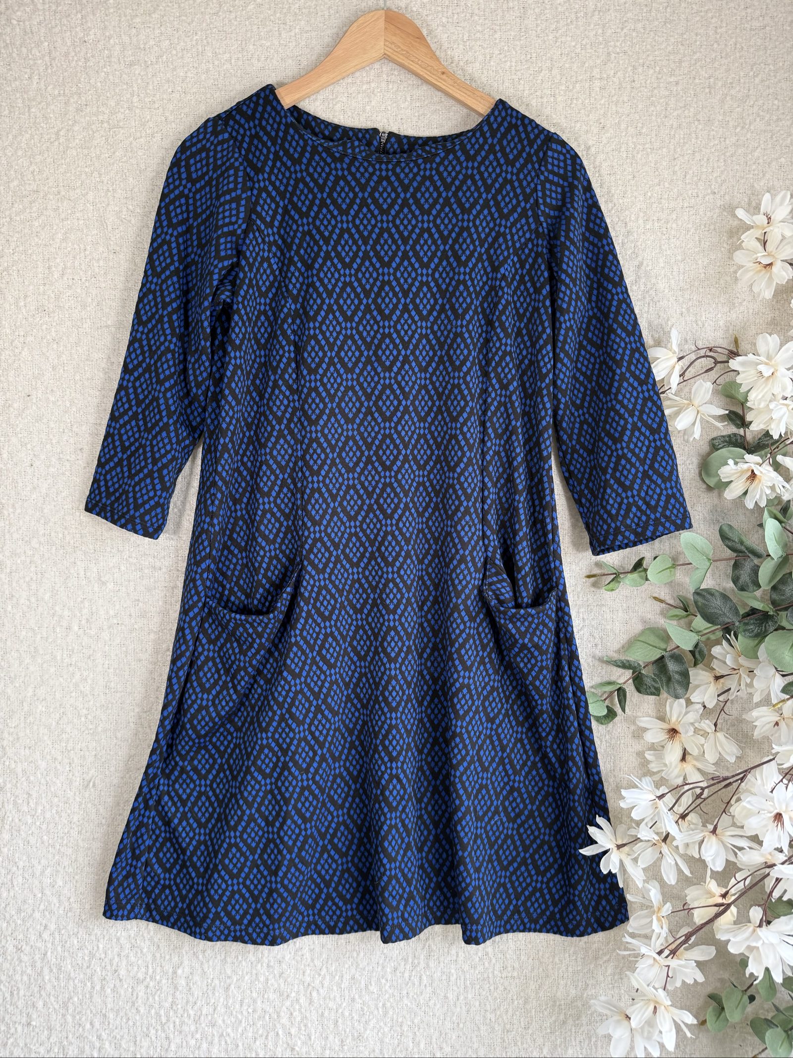 Wallis Blue & Black Patterned Shift Dress UK 12 Stylish Casual Dress