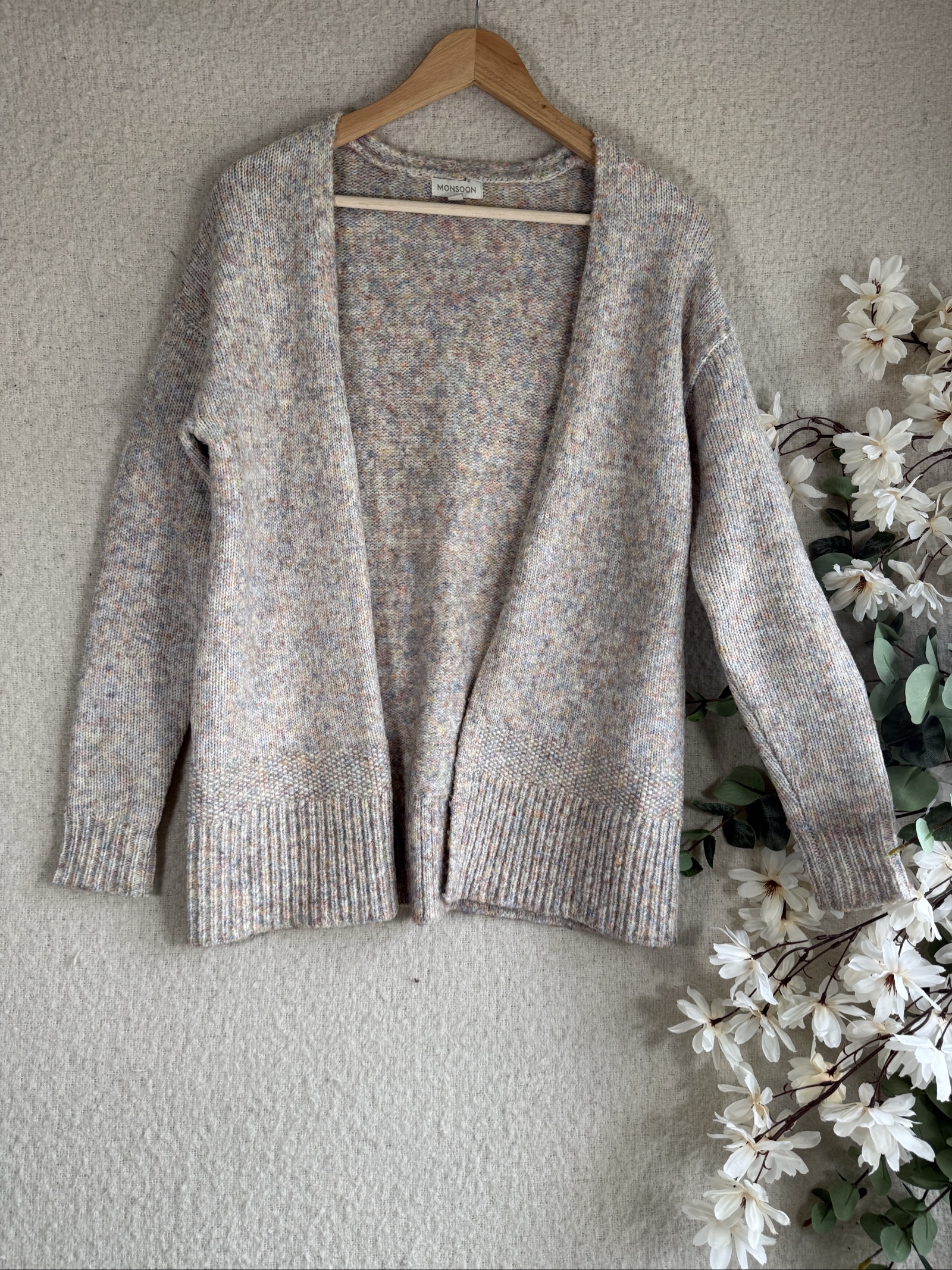 Monsoon Multi Colour Wool Blend Open Front Knit Cardigan Small Cosy Style