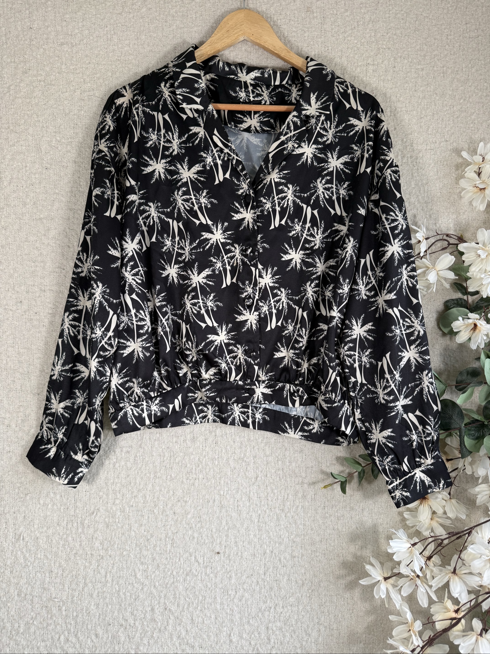 Frnch Black & White Palm Print Shirt Jacket Large Relaxed Fit Button Up