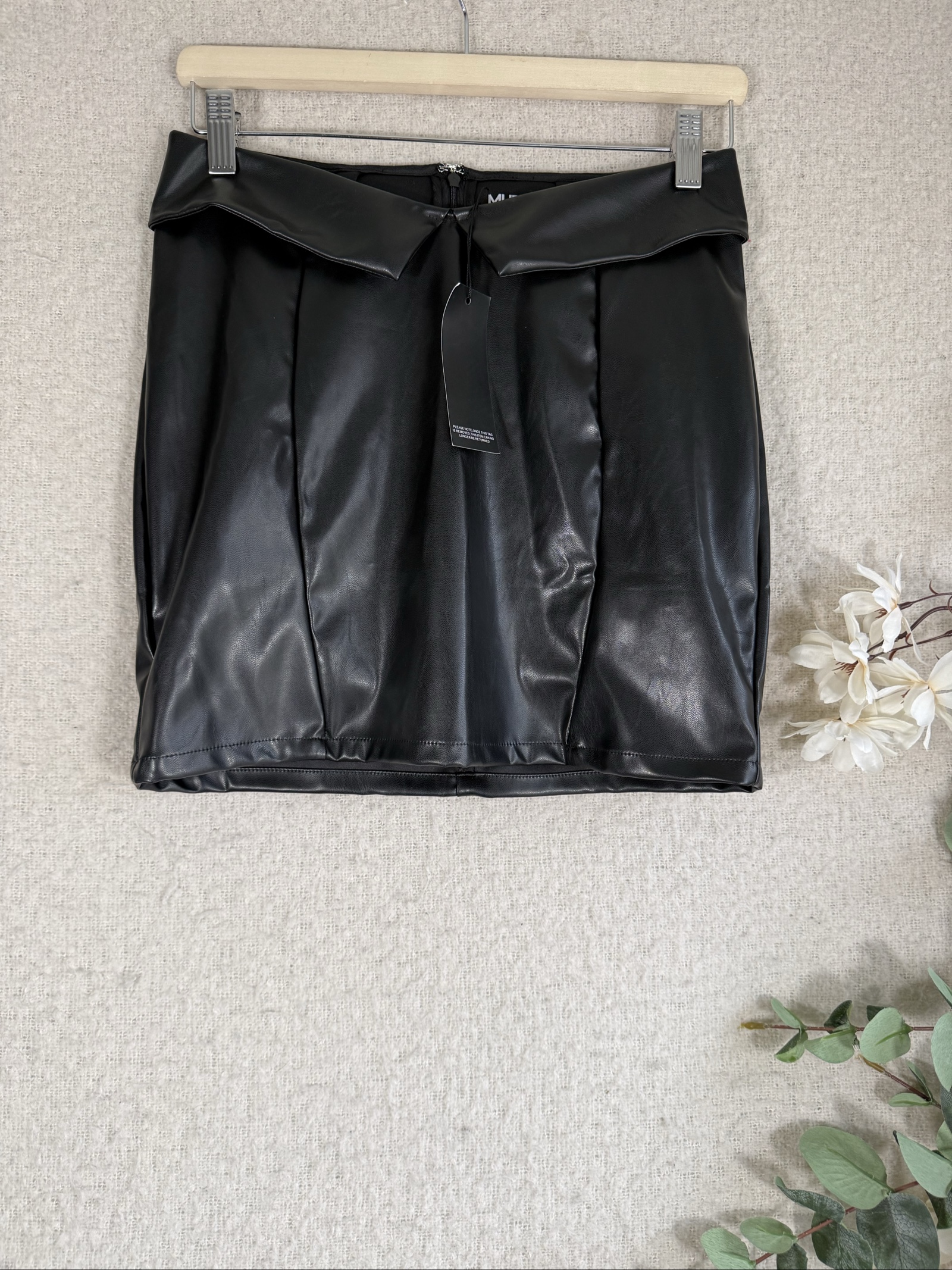 Murci Black Faux Leather Mini Skirt UK 8 Stylish Folded Waistband