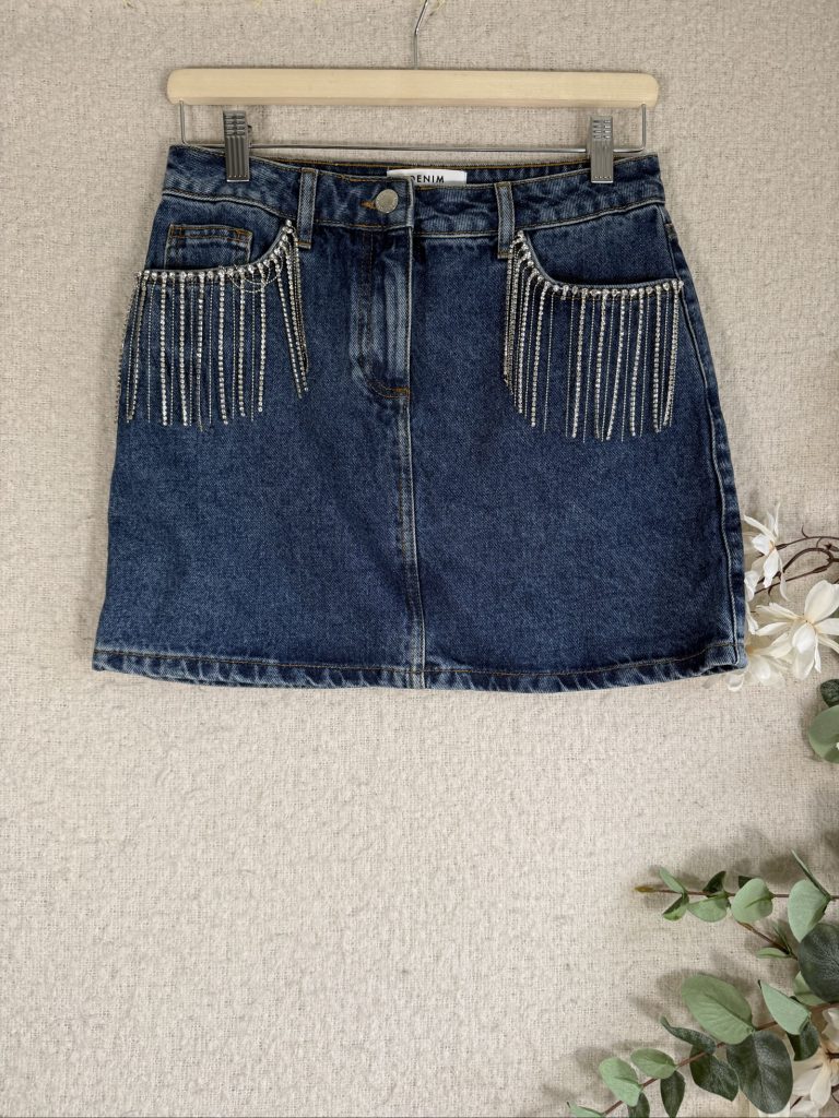 Miss Selfridge Blue Denim Mini Skirt UK 10 Diamante Fringe Detail