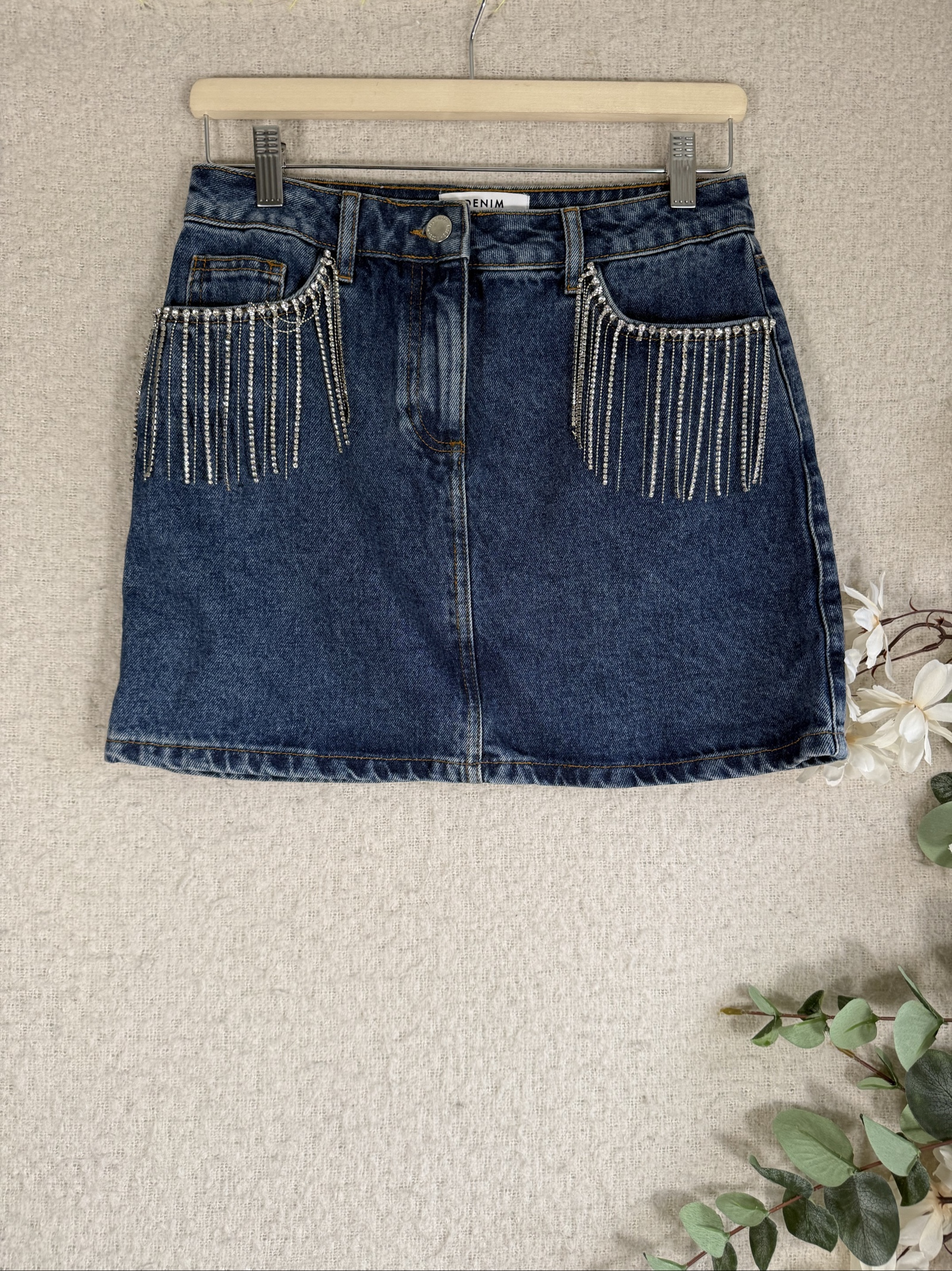 Miss Selfridge Blue Denim Mini Skirt UK 10 Diamante Fringe Detail