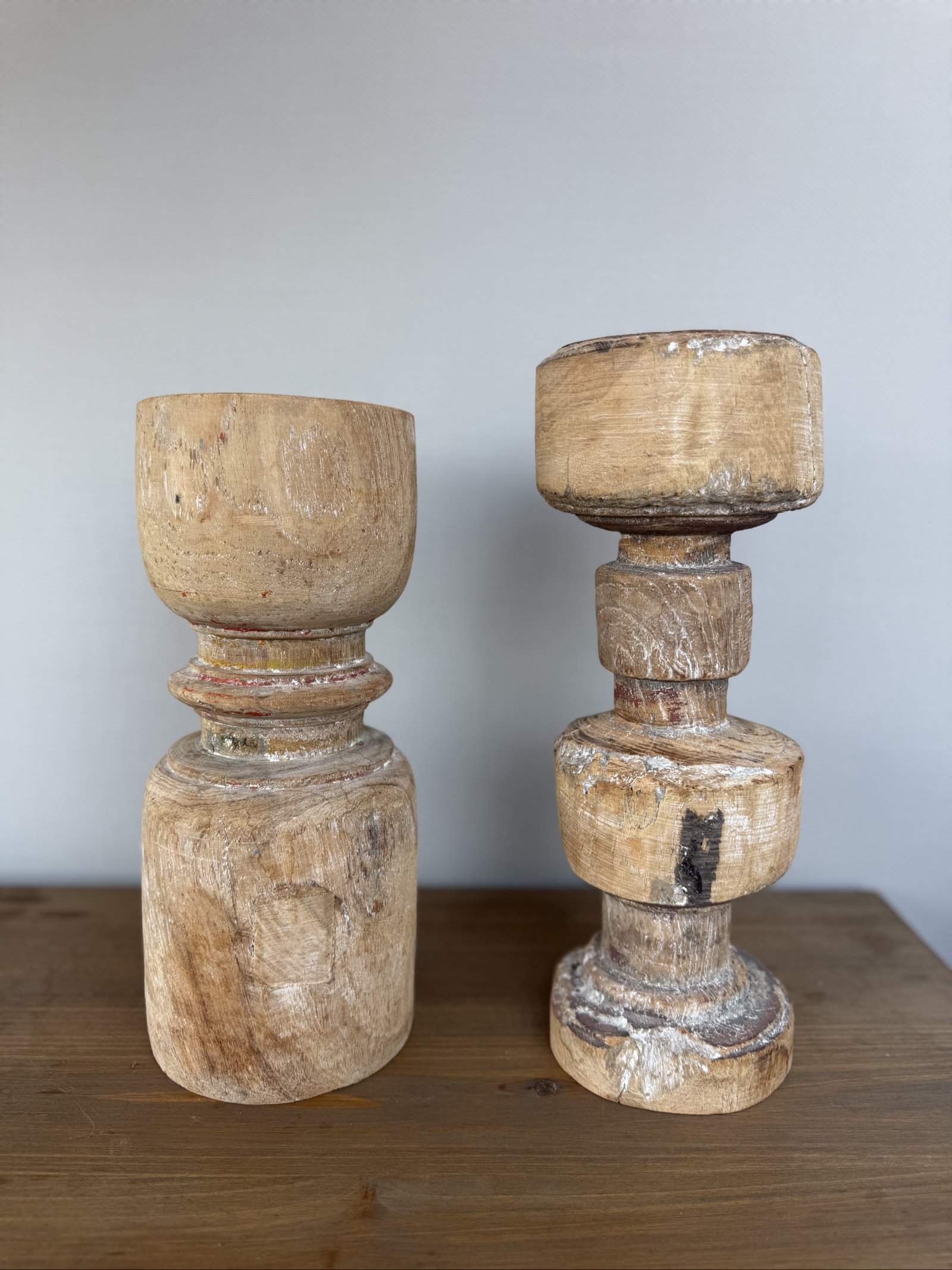 Vintage Natural Wood Decorative Candle Holders Pair