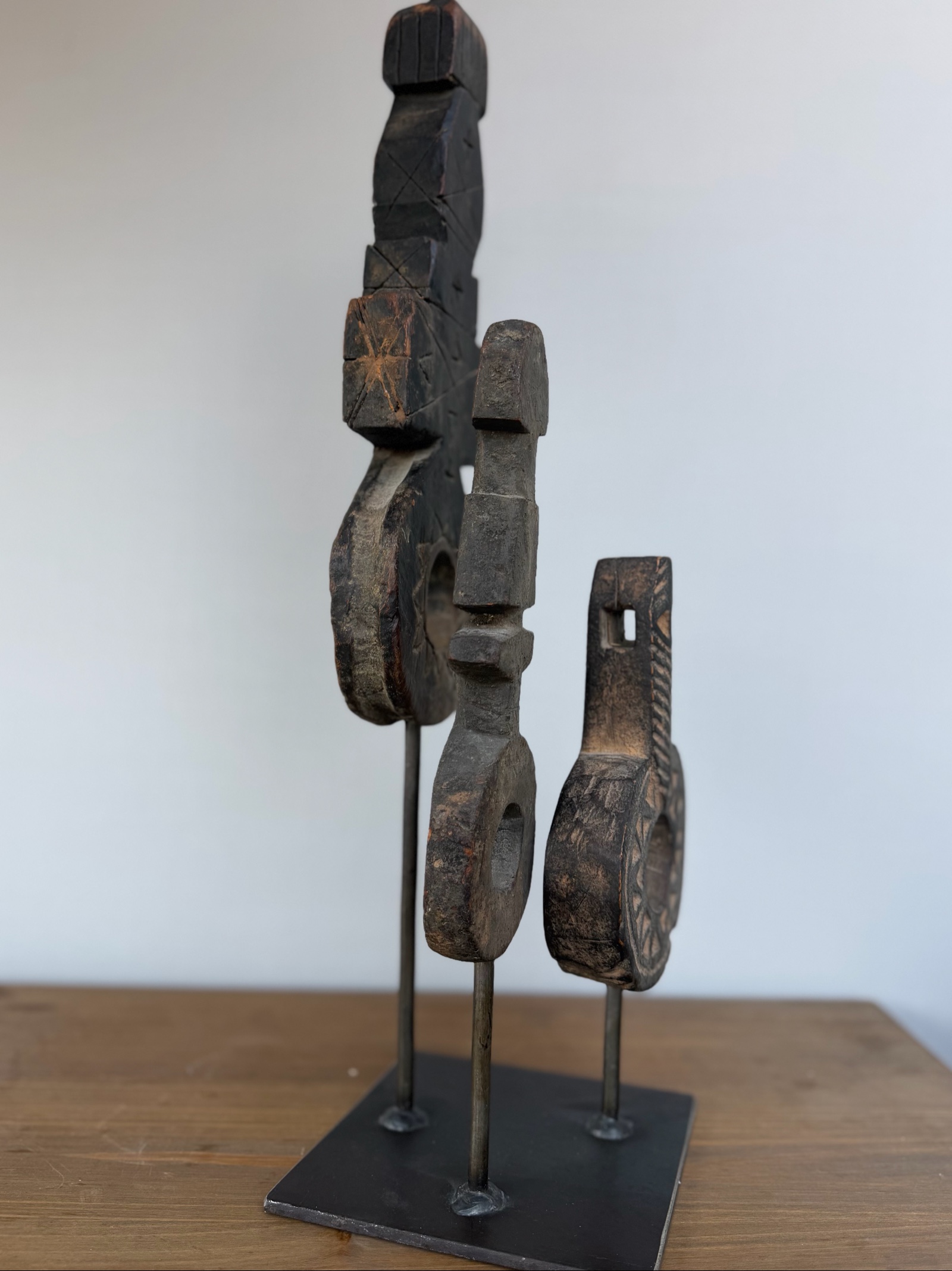 Hand Carved Tribal Abstract Sculpture Set on Metal Stand image 3