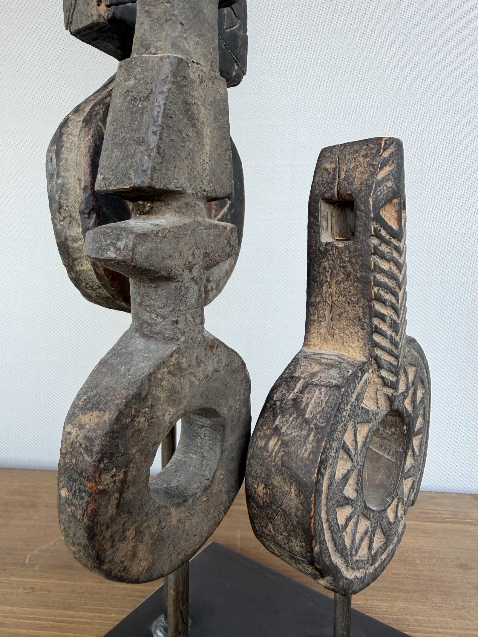 Hand Carved Tribal Abstract Sculpture Set on Metal Stand image 4