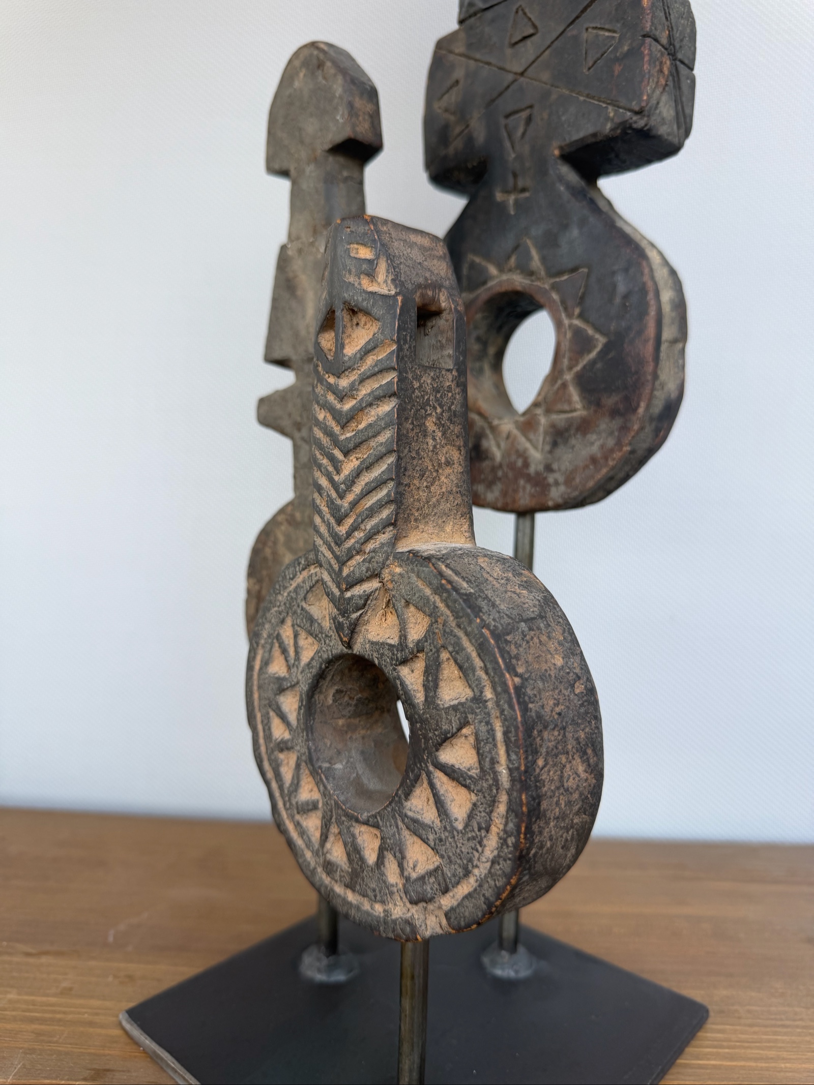 Hand Carved Tribal Abstract Sculpture Set on Metal Stand image 6